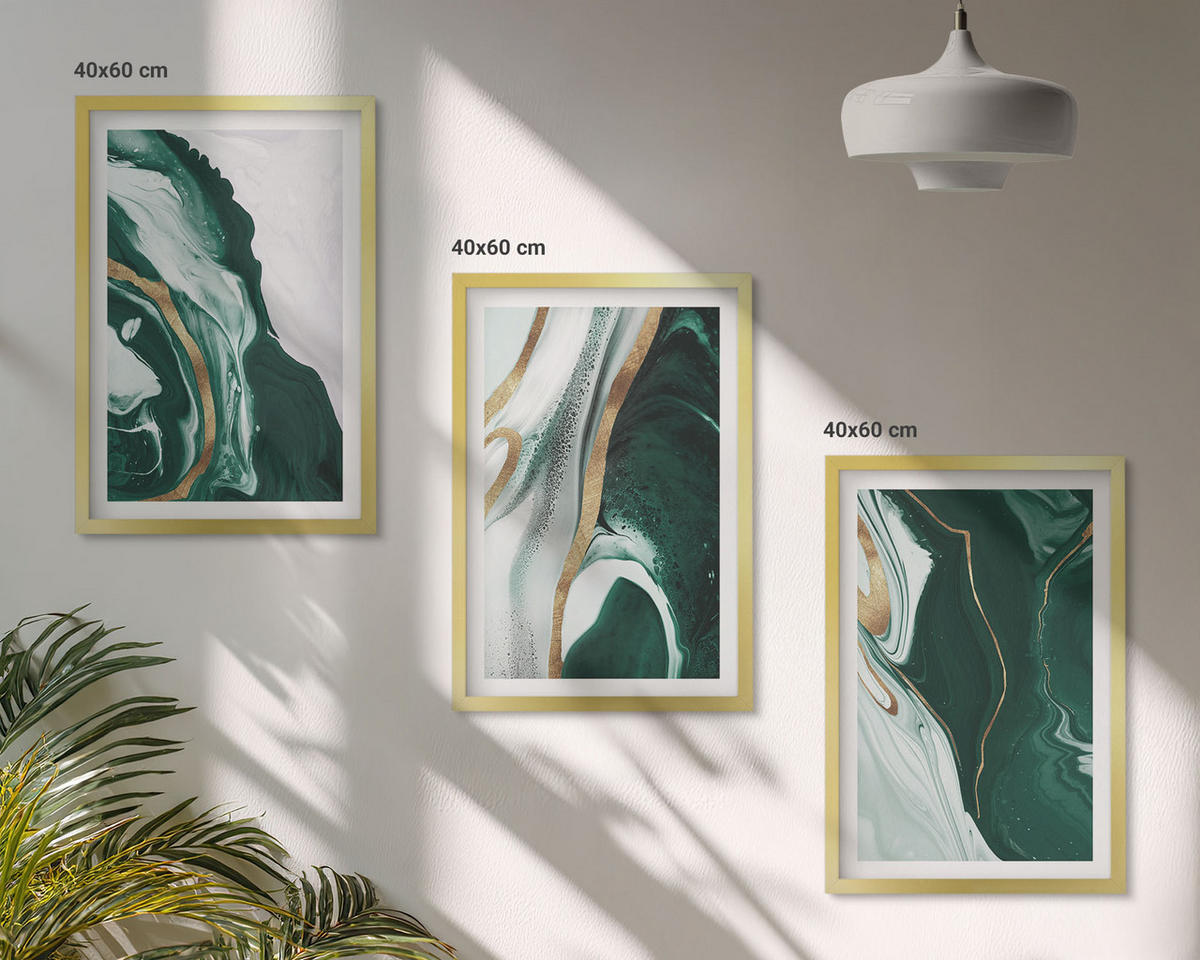 BILDER SET 3er Set - 40x60 cm Goldrahmen - Abstrakte grüne Farbmuster - Goldfarben, Kunststoff (40/60cm) - TULUP