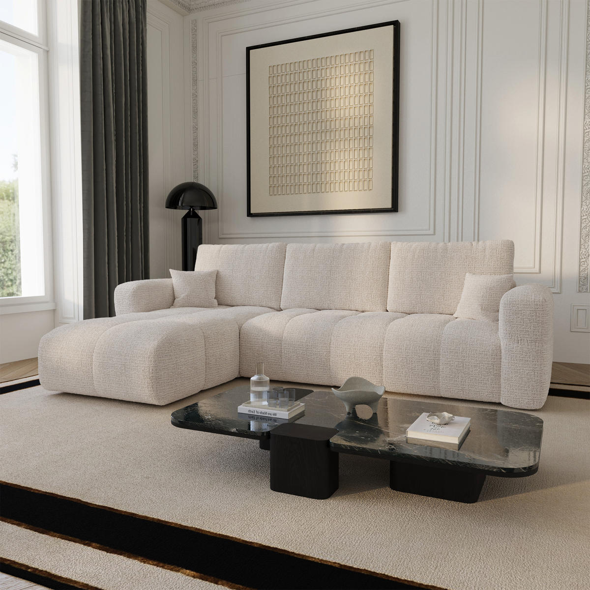LINKSECK-SCHLAFSOFA mit Stauraum VIBE Kettgewebe mit weichem Griff Creme 286cm - Creme, Textil (286/169cm) - Premium Interiors