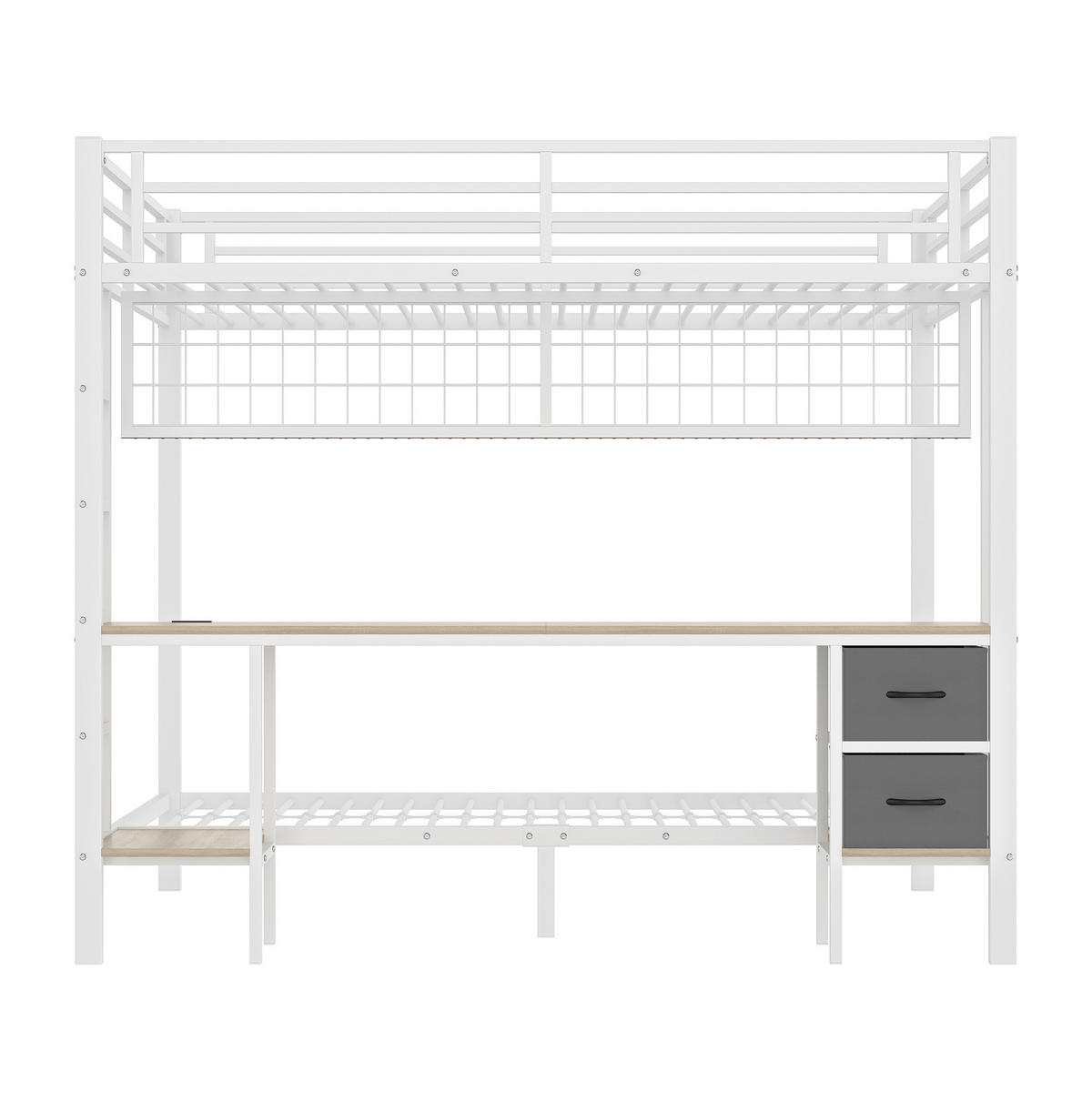 VISOKA postelja 140/200 cm bela z mizo, LED osvetlitvijo, predali in policami iz kovine in MDF - bela, kovina (140/200cm) - OKWISH