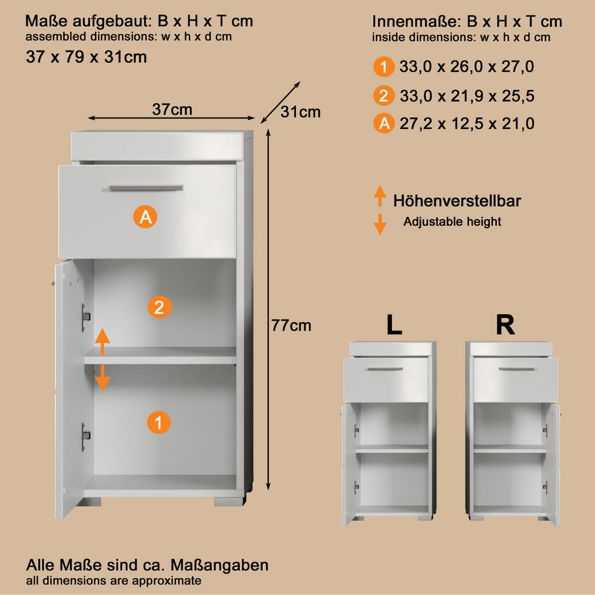 BADSCHRANK weiß Hochglanz 37 x 79 cm, Badezimmer Unterschrank modern - Weiß, Holzwerkstoff/Kunststoff (37/79/31cm) - Top.Furn