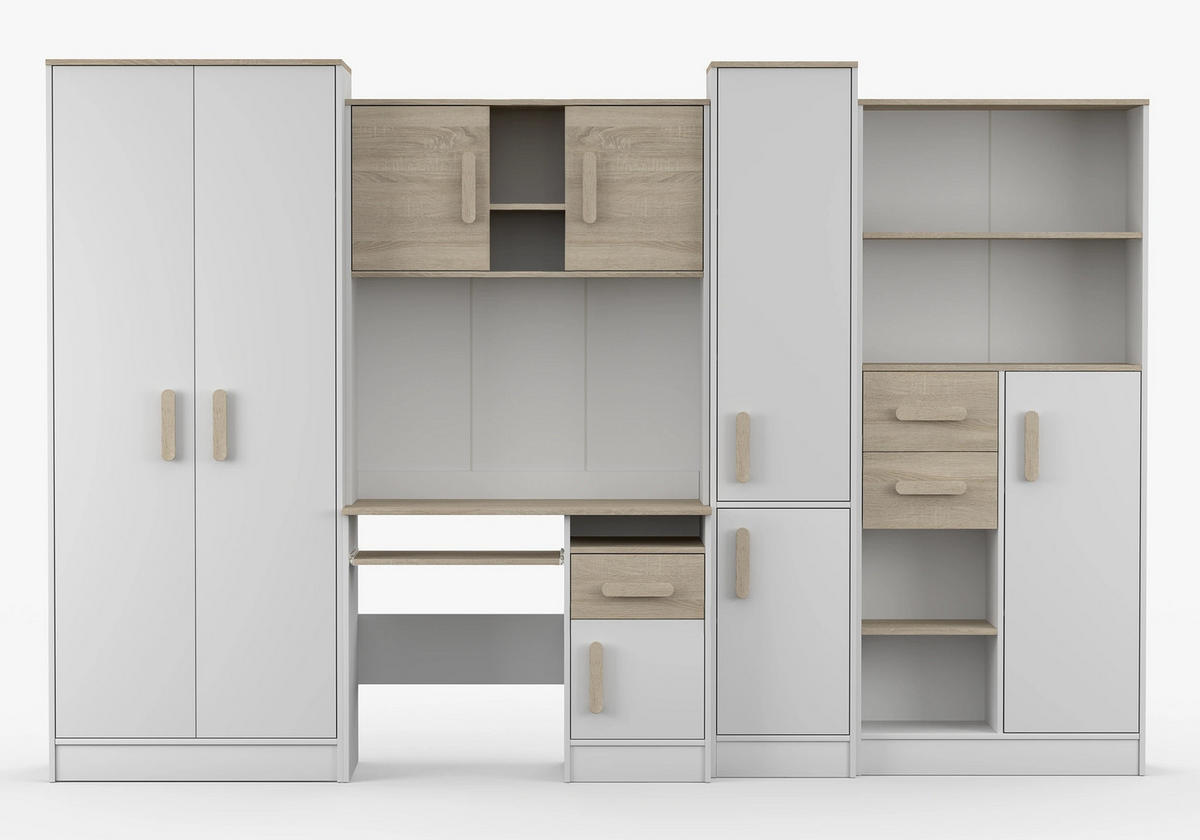 JUGENDZIMMER Wohnwand Colorino in Weiß und Eiche Sonoma – mit Eiche Sonoma Griffen 5 teilig - Kinderzimmer Komplett - Weiß, Holzwerkstoff (80/200/120cm)