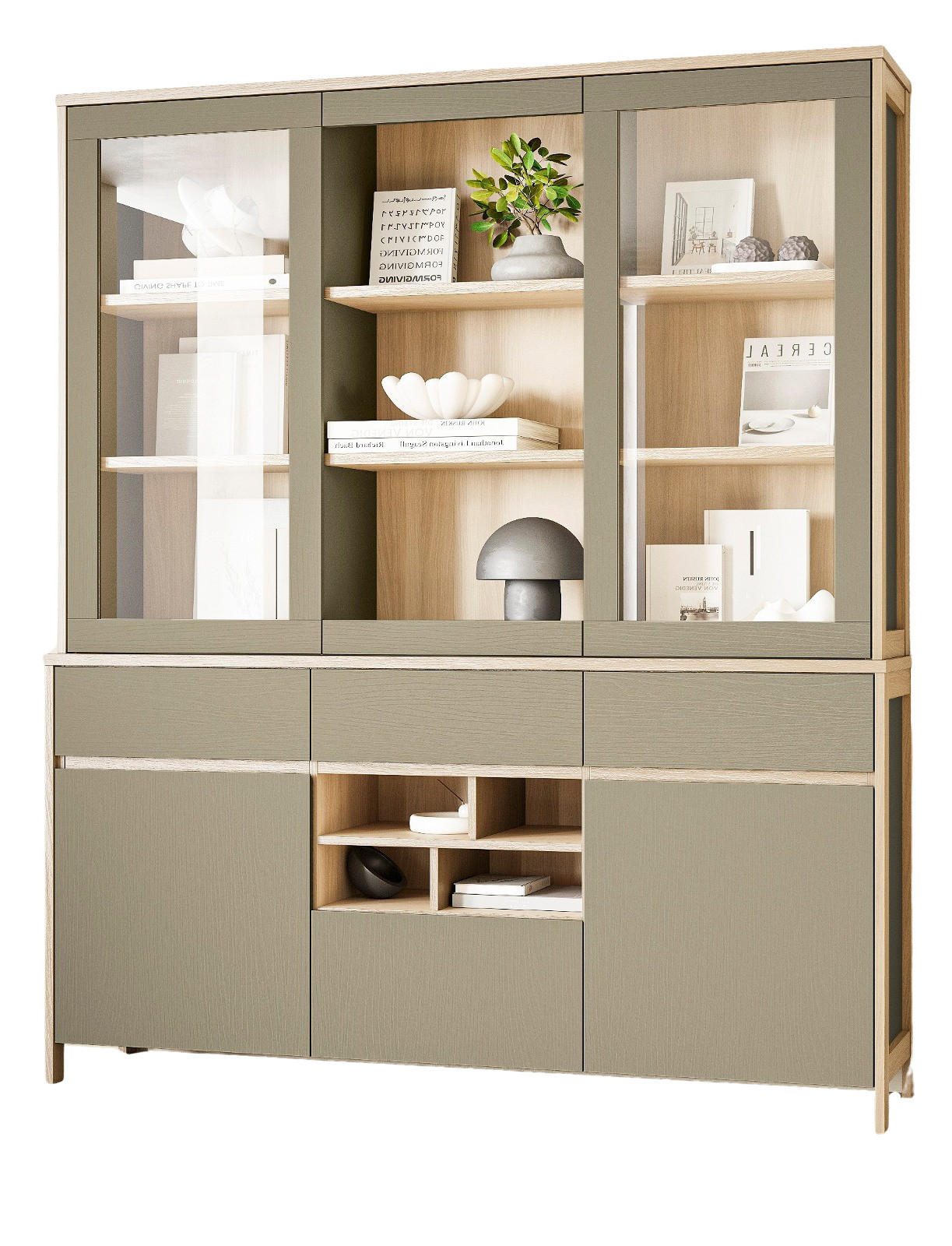 BUFFET Salbei grün, Eiche, Vitrinenschrank skandinavisch 164 x 195 cm, Soft-Close - Salbeigrün/Eichefarben, Glas/Holzwerkstoff (164/195/39cm) - Furn.Design