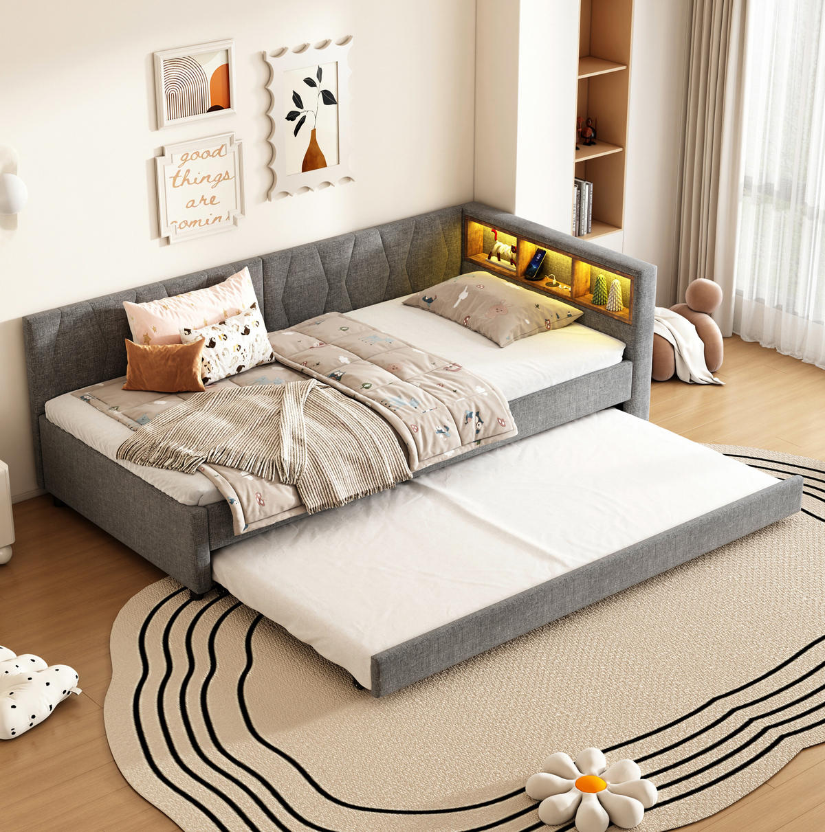 POLSTERBETT 90/200 cm mit LED-Beleuchtung, USB-C und ausziehbarem Gästebett - Grau, Textil (90/200cm) - BEAOK