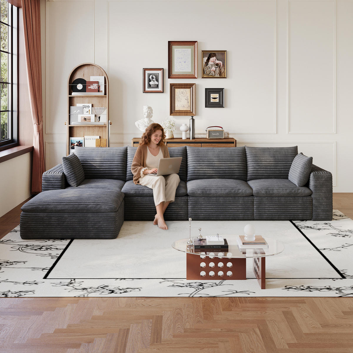 ECKSOFA aus Stoff 340 cm Dunkelgrau mit flexiblem Aufbau und Schaumstoffkern - Dunkelgrau, Textil (340/160cm) - Modfu