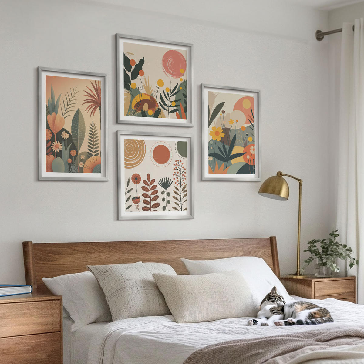 BILDER SET 4er Set - 50x50 cm & 40x60 cm Silberner Rahmen - Boho-Pflanzenmuster - Silberfarben, Kunststoff (50/50cm) - TULUP