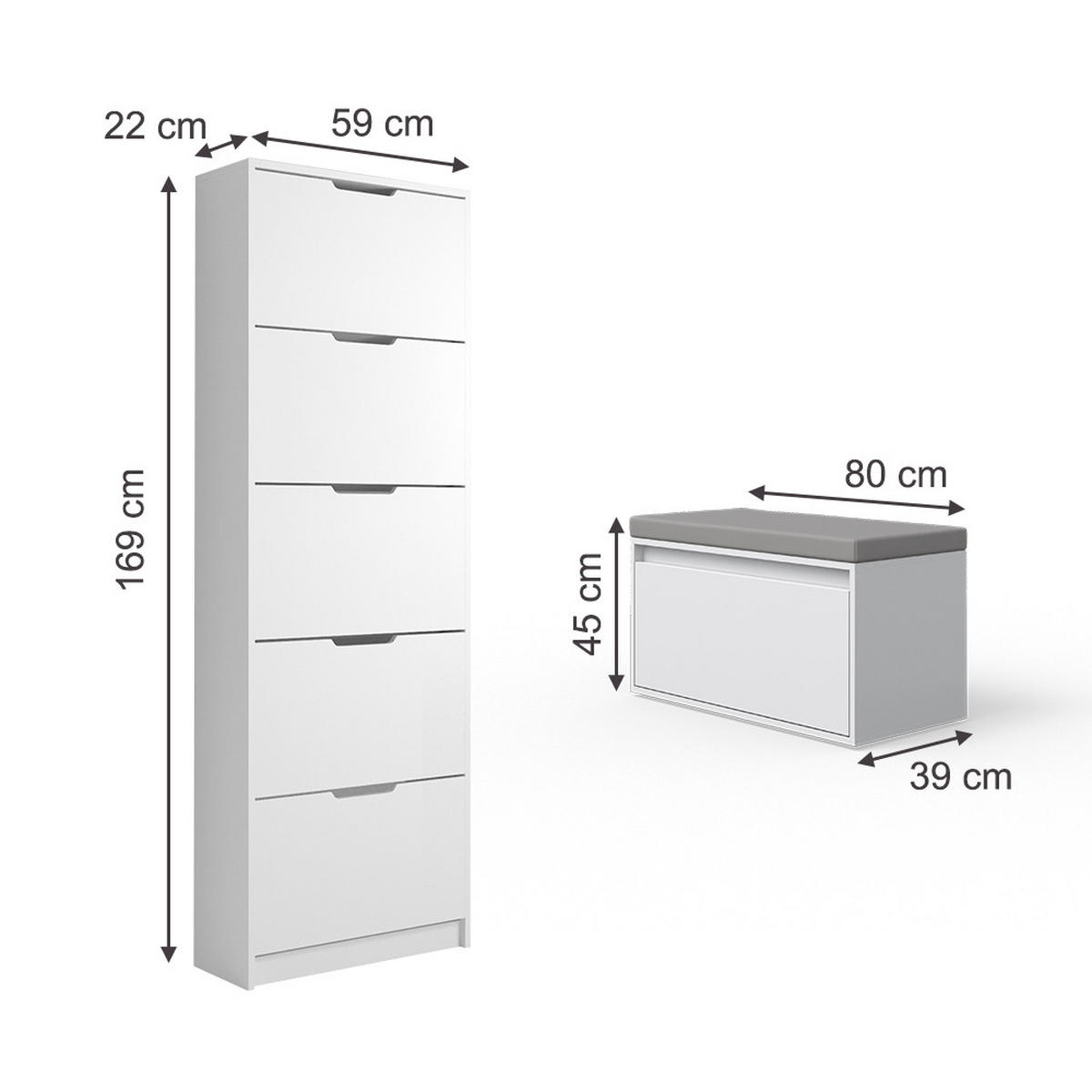 SCHUHKIPPER Luca Weiß 2 Teile, mit Sitzbank - Weiß, Holzwerkstoff (59/169/22cm) - Vicco