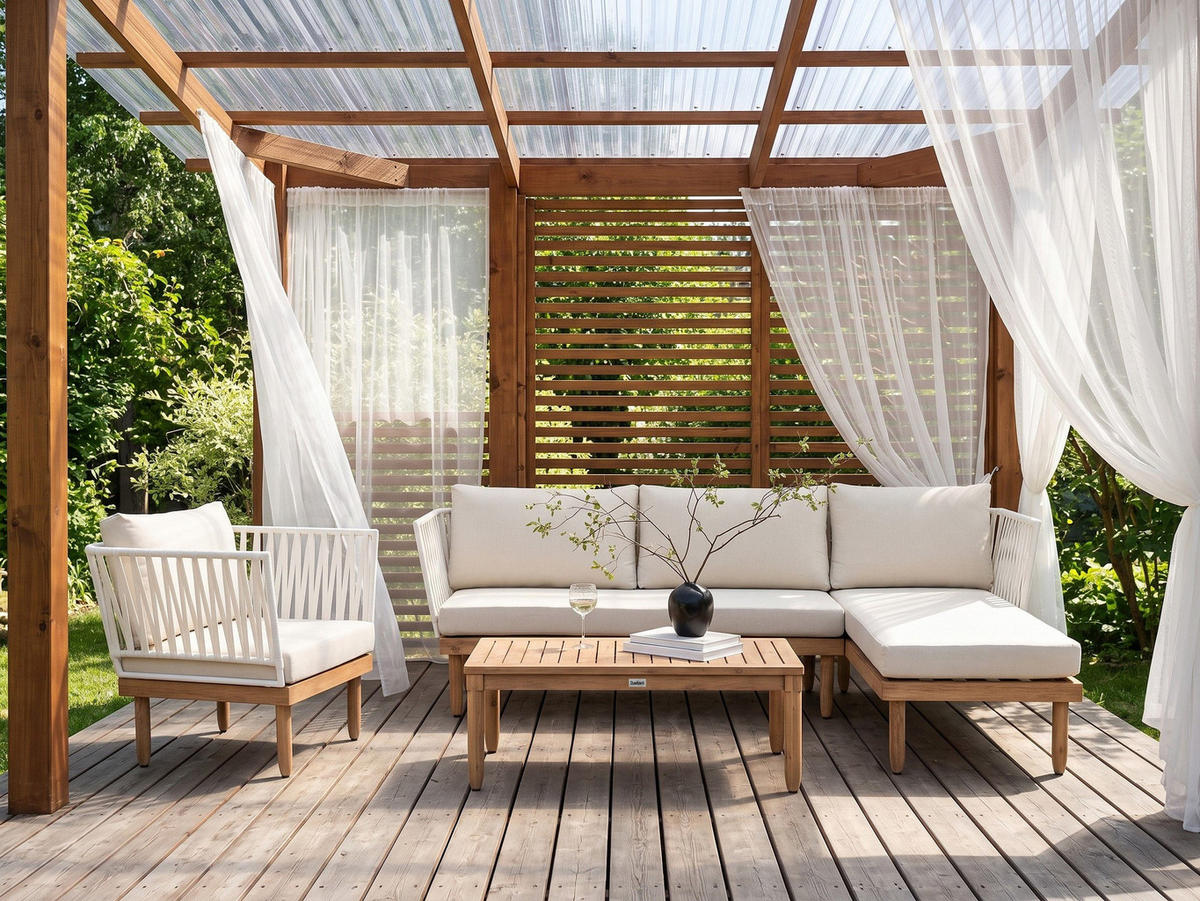 LOUNGE SADA se stolem 4-místná Akáciové dřevo levostranná Bílá Cremona - bílá/krémová, dřevo - Beliani