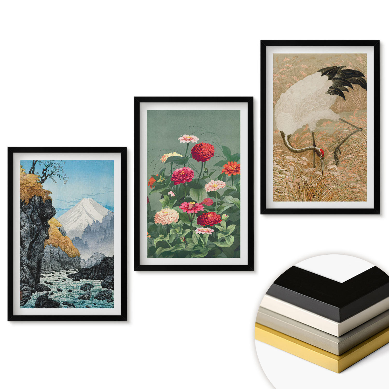 WANDBILDER 3er-Set - 40x60 cm Schwarzer Rahmen - Berglandschaft, Fluss, Blumen, Kraniche - Schwarz, Kunststoff (40/60cm) - ArtPrintCave