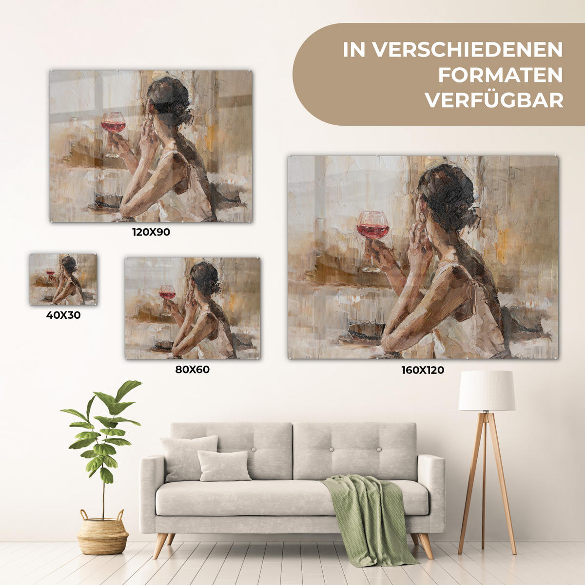 OBRAZ NA AKRYLOVOM SKLE Olejomaľba - Žena - Víno 80x60 cm - svetlohnedá, sklo (80/60cm) - MuchoWow