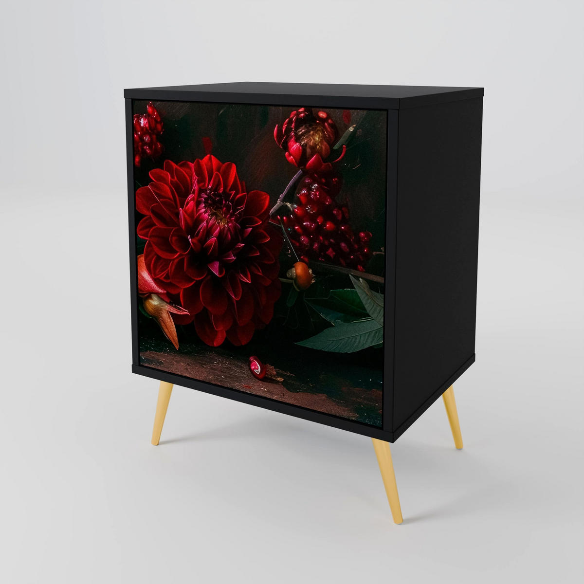SIDEBOARD DAHLIAS AND POMEGRANATES, Schwarz, 57,5x42x67,5 cm, Schwarze Metall-Rahmenfüße - Multicolor/Schwarz, Holzwerkstoff/Metall (57.5/67.5/42cm) - SpaceRebels