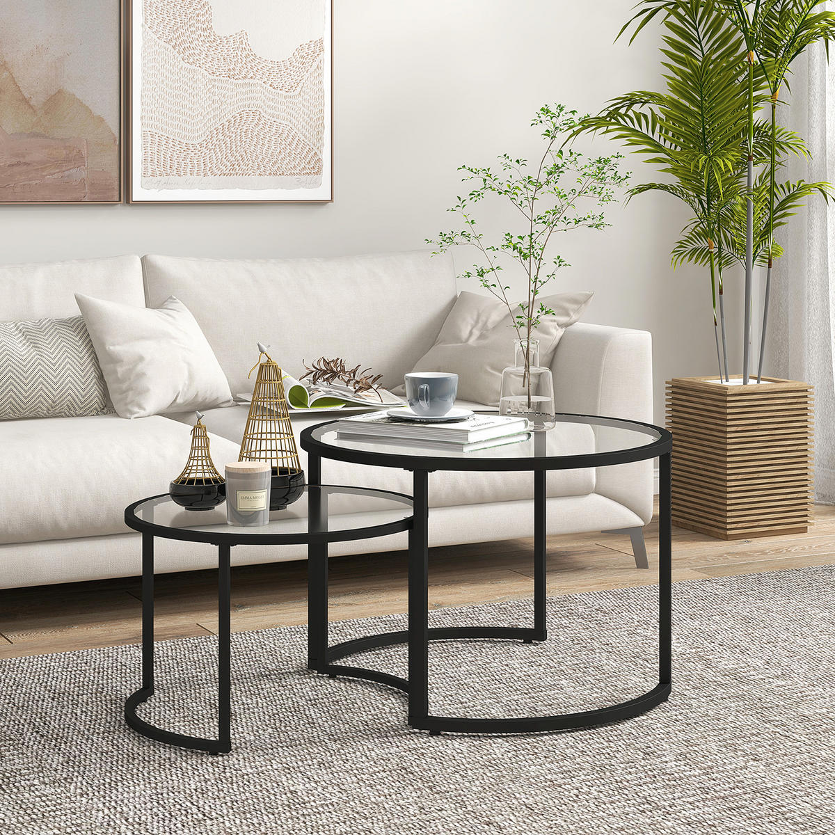 COUCHTISCH 2er-Set, Beistelltisch mit Stahlgestell, Kaffeetisch, Schwarz - Schwarz, Glas/Metall (70/70/47.5cm) - HOMCOM