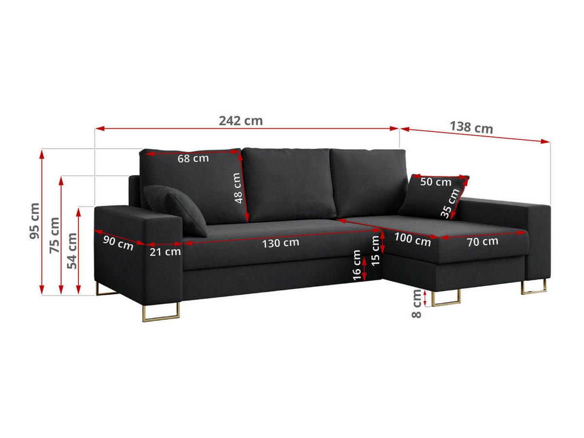 ECKSOFA Dorian Velvet Dunkelgrau - Dunkelgrau/Goldfarben, Textil/Metall (242/138cm) - MKS