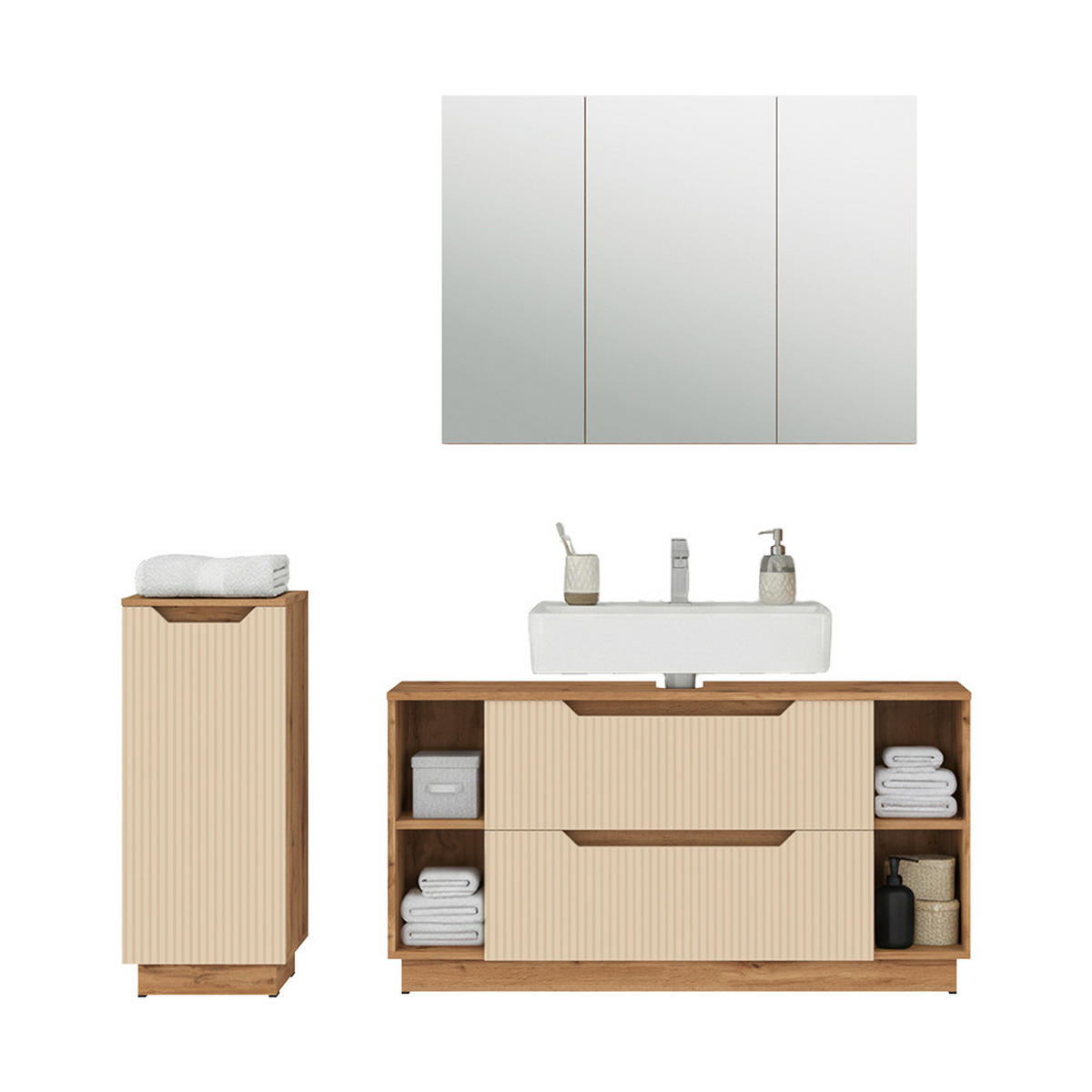 BADMÖBEL-SET Lotta Eiche/Kaschmir gestreift 3 Teile - Kaschmir/Eichefarben, Holzwerkstoff (119.2/62.5/35cm) - Vicco