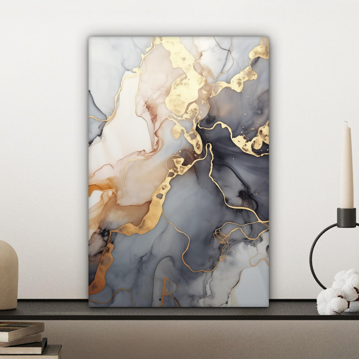 LEINWANDBILD Marmor - Schwarz - Gold - Weiß Deko Wohnzimmer 20x30 cm - Dunkelgrau, Textil (20/30cm) - MuchoWow