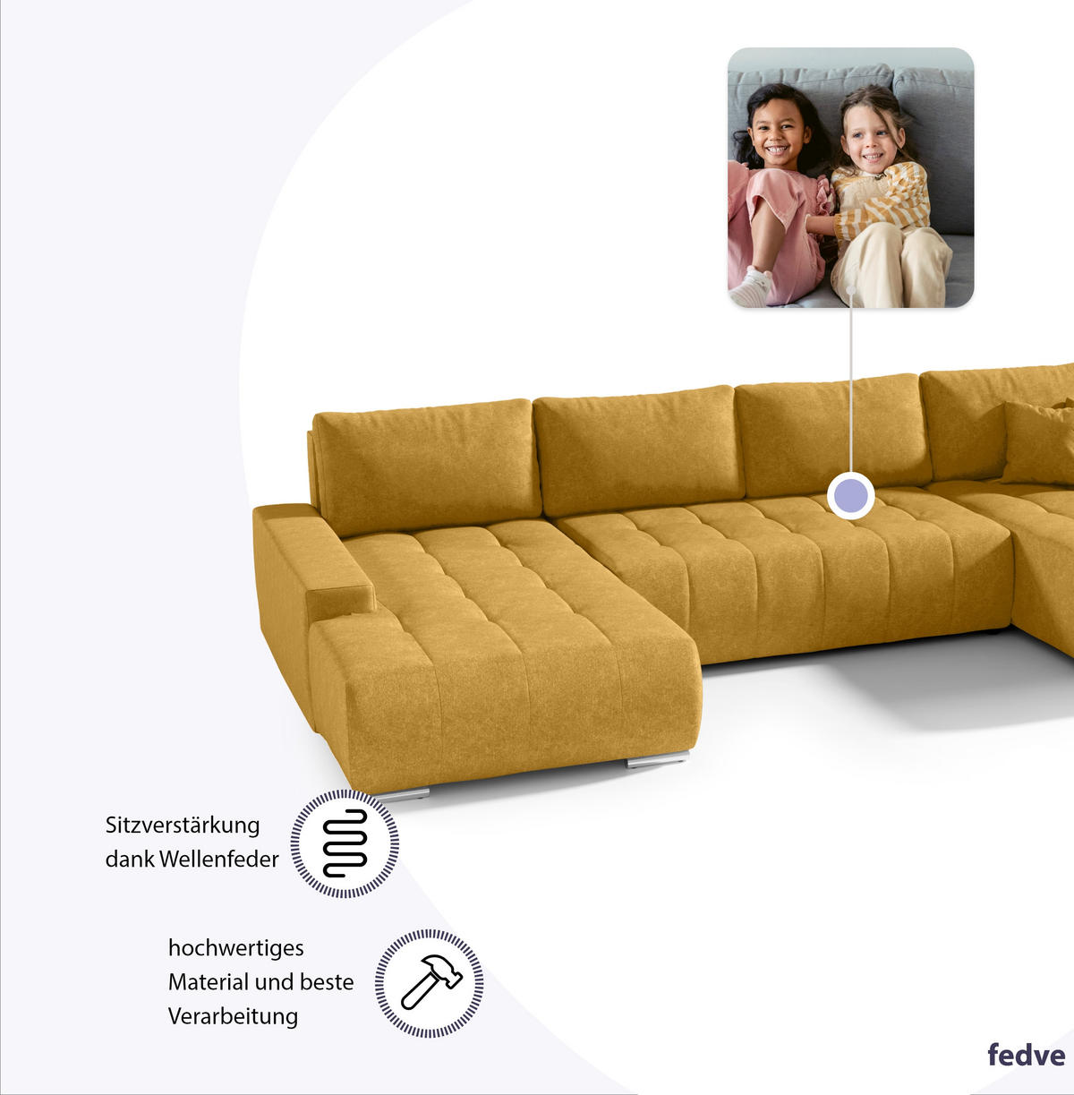 WOHNLANDSCHAFT mit Schlaffunktion Dhaka U, Honig - Honig, Textil (185/85/350cm) - Fedve