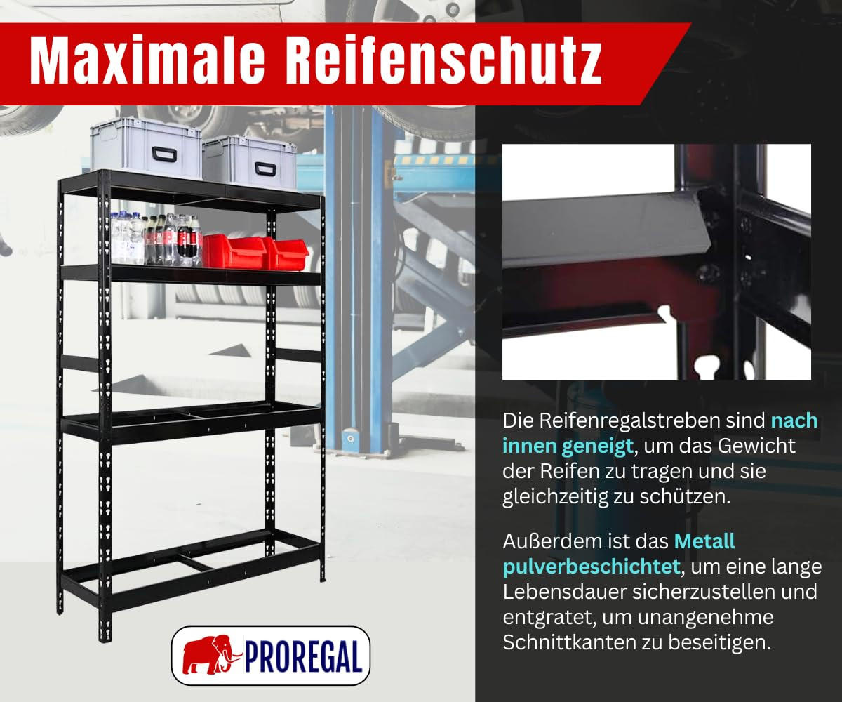 REIFENREGAL Tiger 180x120x40 cm bis zu 6 Reifen auf 1 Ebene + 3 Ablagen Schwarz - Schwarz, Metall (120/180/40cm) - PROREGAL