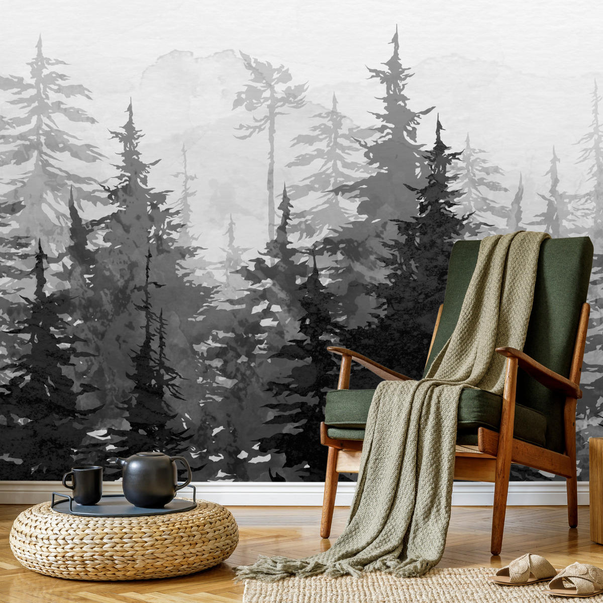 FOTOTAPETE Schwarz-Weiß WALD Bäume Natur 360x240cm - Schwarz/Weiß, Papier (360/240cm) - Muralo