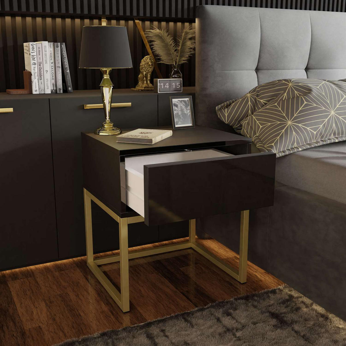 NACHTTISCH BLANCO GOLD auf goldenem Gestell Schwarz PUSH OPEN - Schwarz Hochglanz, Holzwerkstoff (45/53/36.6cm) - Lookway