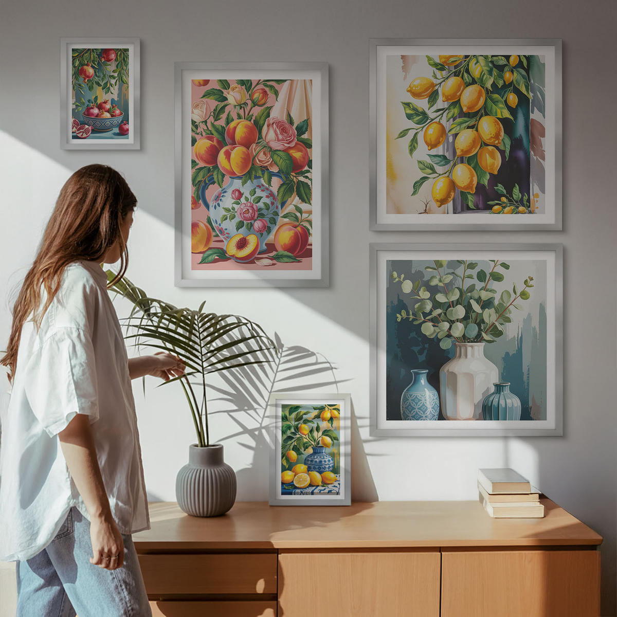 WANDBILDER 5er Set - 50x50 cm & 20x30 cm & 40x60 cm Silberner Rahmen - Amalfi-Zitronen und -Orangen - Silberfarben, Kunststoff (40/60cm) - ArtPrintCave