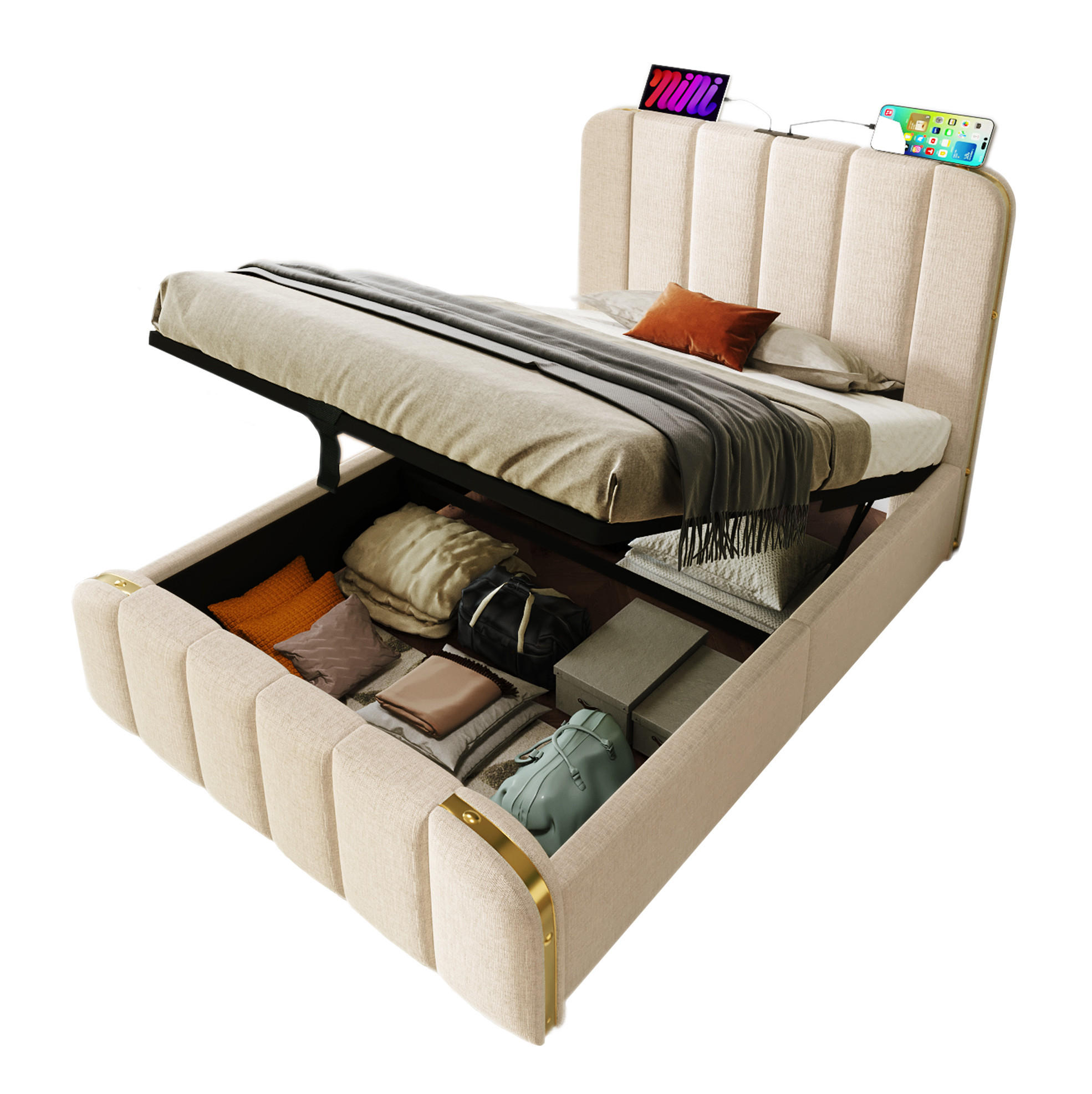 POLSTERBETT 90/200 cm Beige mit Stauraum, Matratze und USB- und Type-C-Anschlüssen - Beige, Textil (90/200cm) - Flora Grace