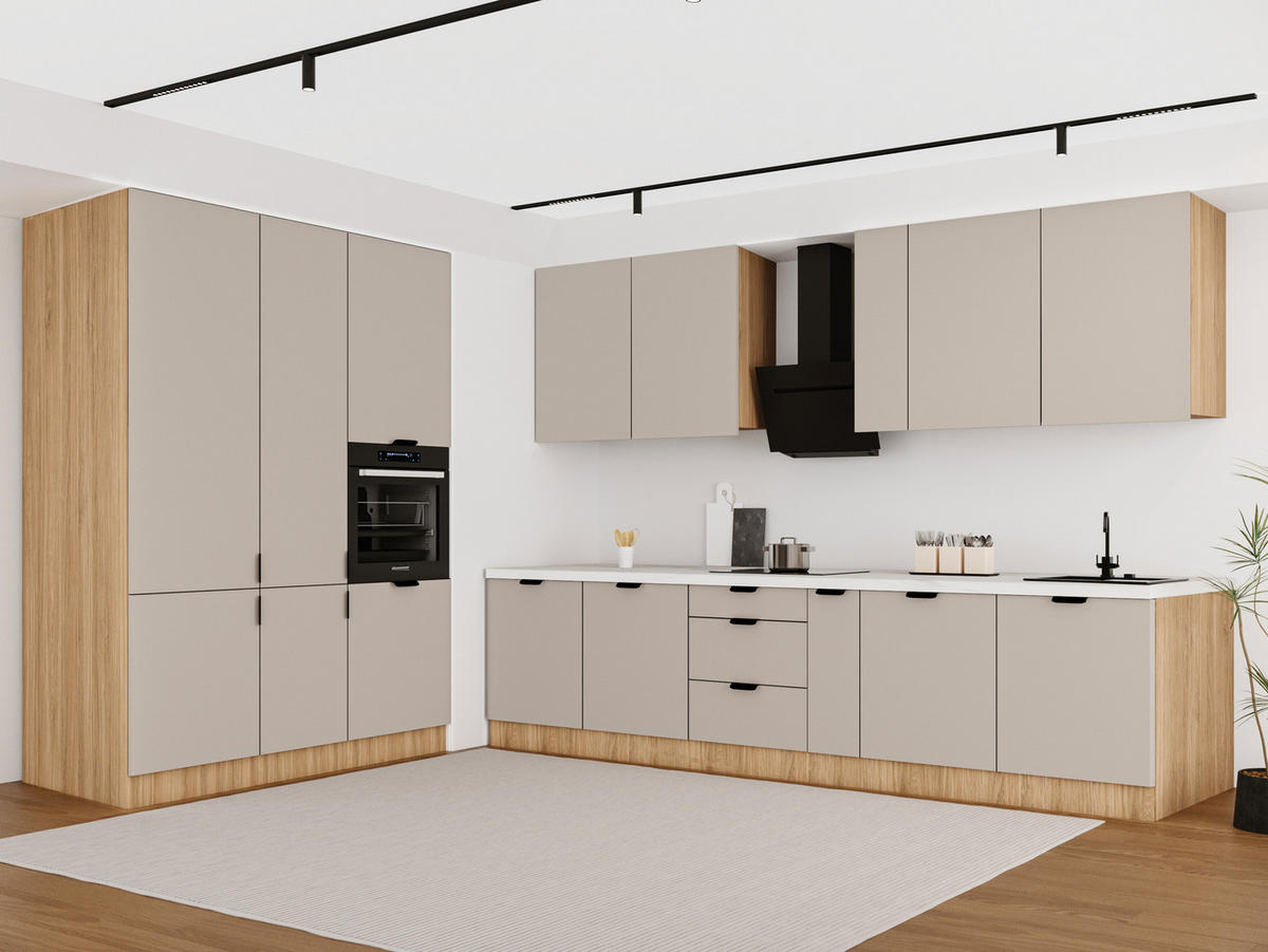 KÜCHENZEILE 320 x 160 cm - Sorento KS13-M320 - in Beige / Sonoma Eiche - Beige/Schwarz, Holz/Metall (480/247/58cm)