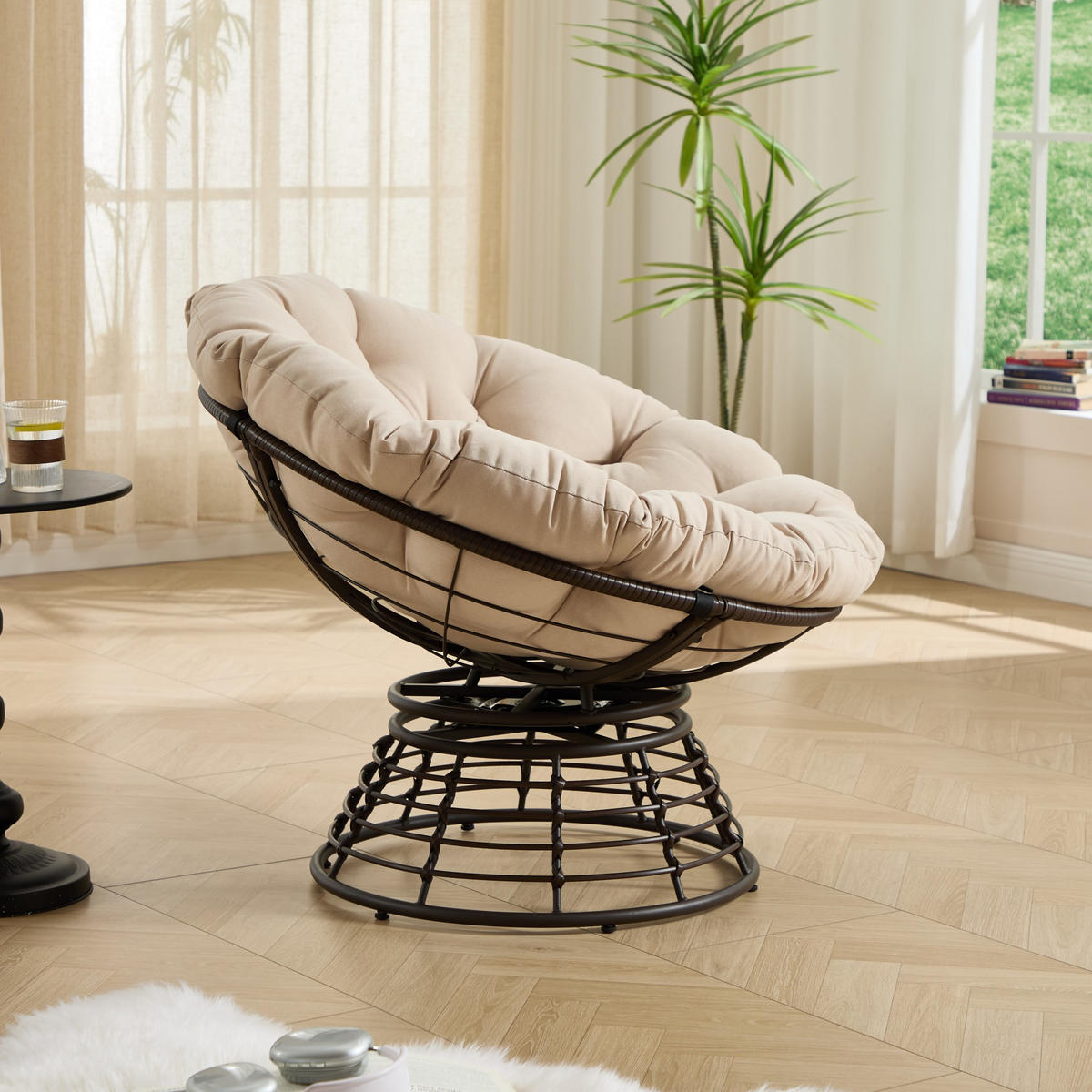 GARTEN-RELAXSESSEL Papasansessel, 360° drehbar,Rattan, Polyester, Beige - Beige, Textil (60/67/92cm) - LVHOM
