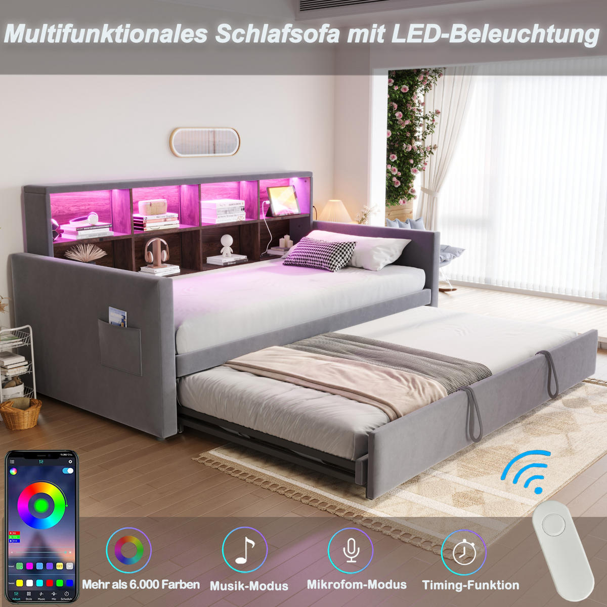 POLSTERBETT 90/190 cm aus Samt mit Ausziehbett, LED-Kopfteil und Steckdosen Dunkelgrau - Dunkelgrau, Textil (90/190cm) - Modenvie