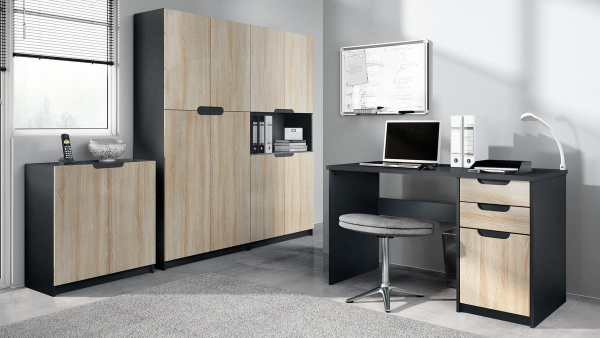 BÜROMÖBELSET Logan Fronten in Eiche sägerau - Eiche San Remo, Holzwerkstoff (246/185/60cm) - Vladon