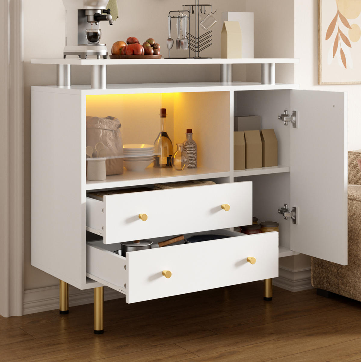 SIDEBOARD 80/35/80 cm Weiß aus Glas und Spanplatte mit LED - Weiß, Glas (80/80/35cm) - OKWISH