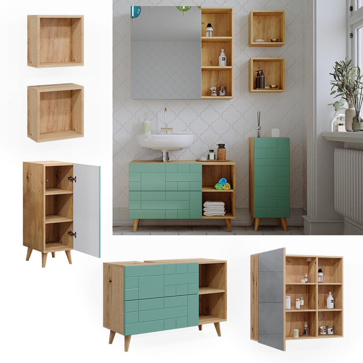 BADMÖBEL-SET Rudi Mintgrün 5 Teile - Eichefarben/Mintgrün, Holzwerkstoff (90/59/32cm) - Vicco