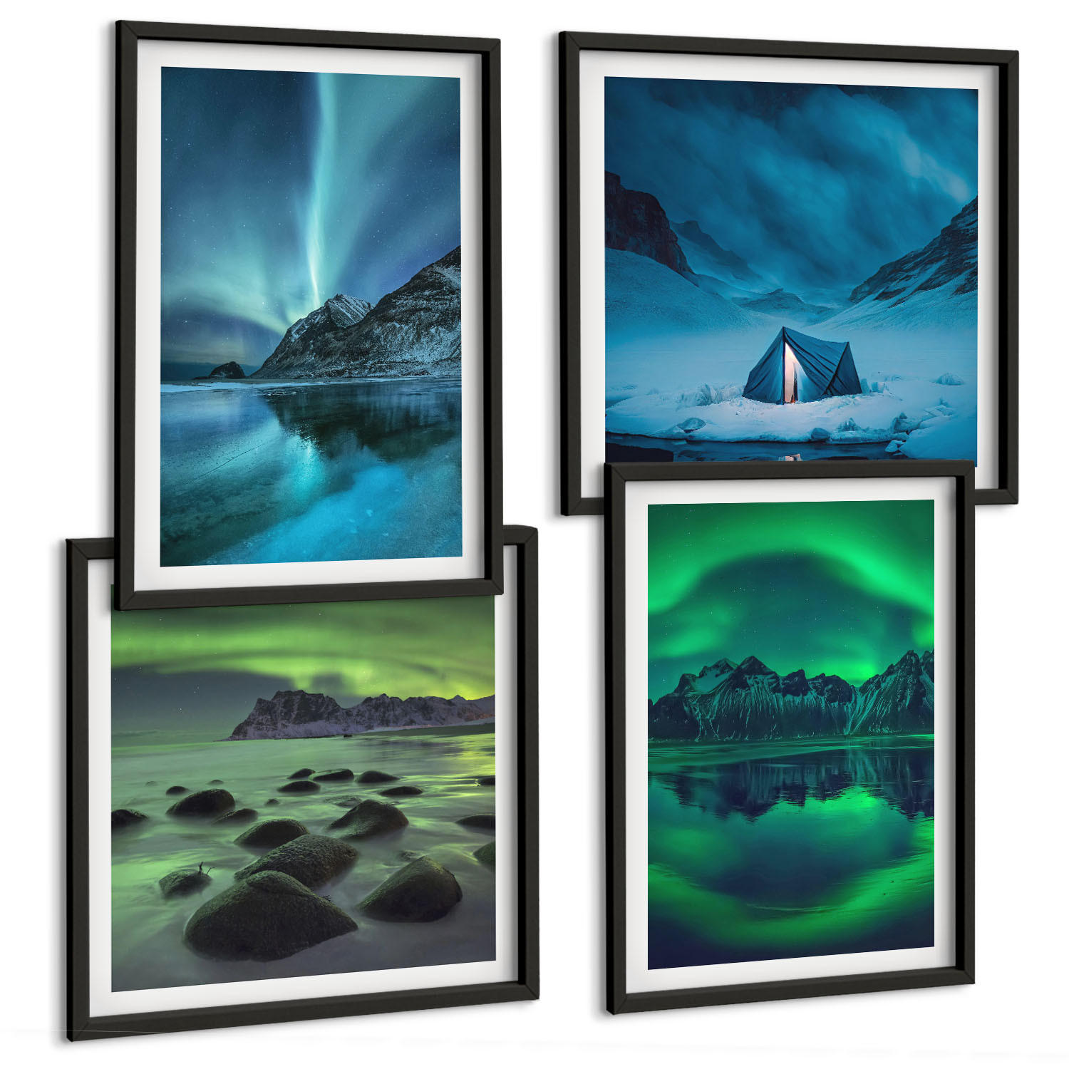 BILDER SET 4er Set - 50x50 cm & 40x60 cm Schwarzer Rahmen - Winterlandschaft mit Nordlichtern - Schwarz, Kunststoff (50/50cm) - TULUP