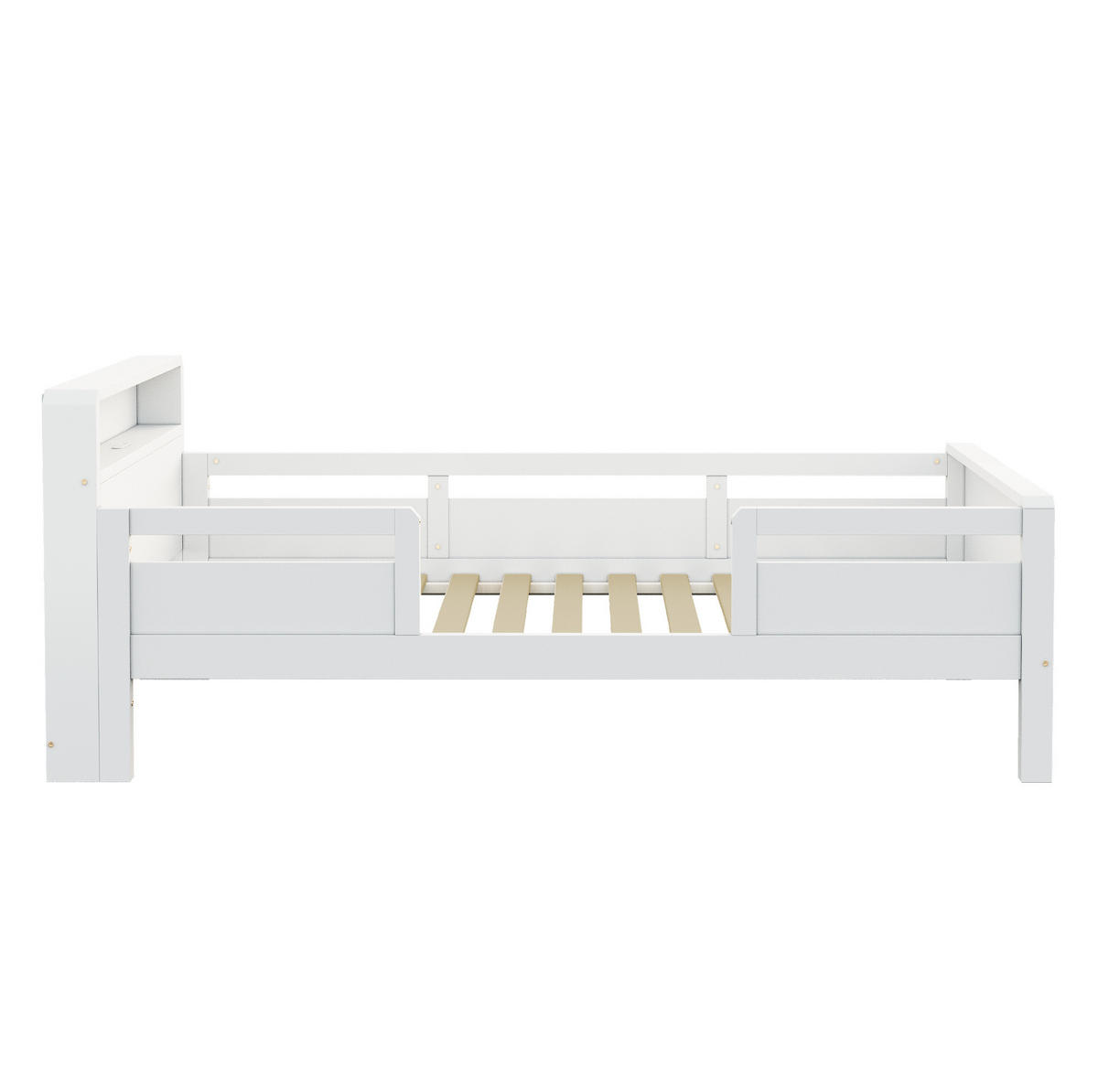 KINDERBETT 90/200 cm weiß aus Kiefernholz mit Ablage, LED und USB-/Type-C-Anschluss - Weiß, Holzwerkstoff (90/200cm) - OKWISH