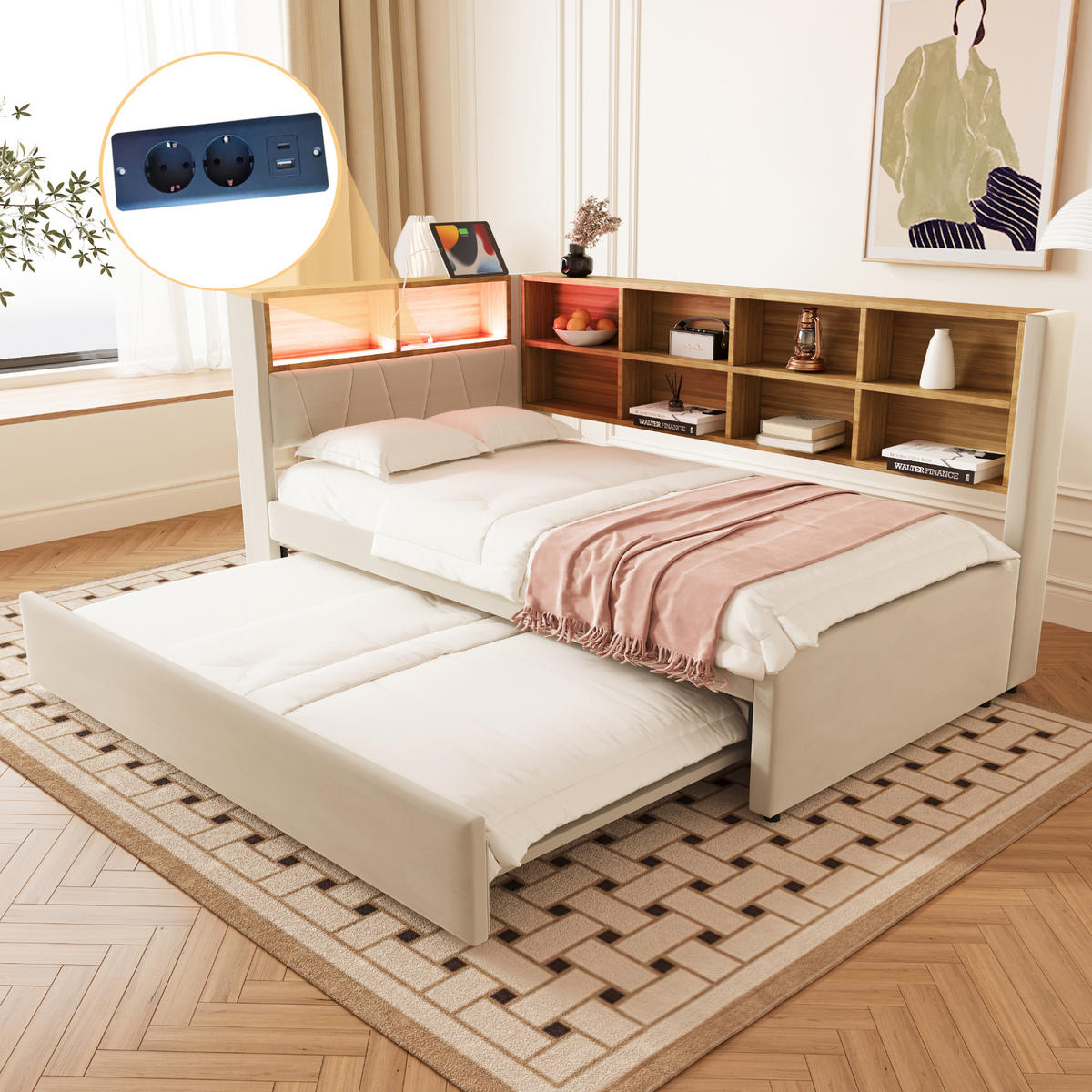 POLSTERBETT 90x200 cm LED USB beige - Beige, Textil (90/200cm) - Fortuna Lai