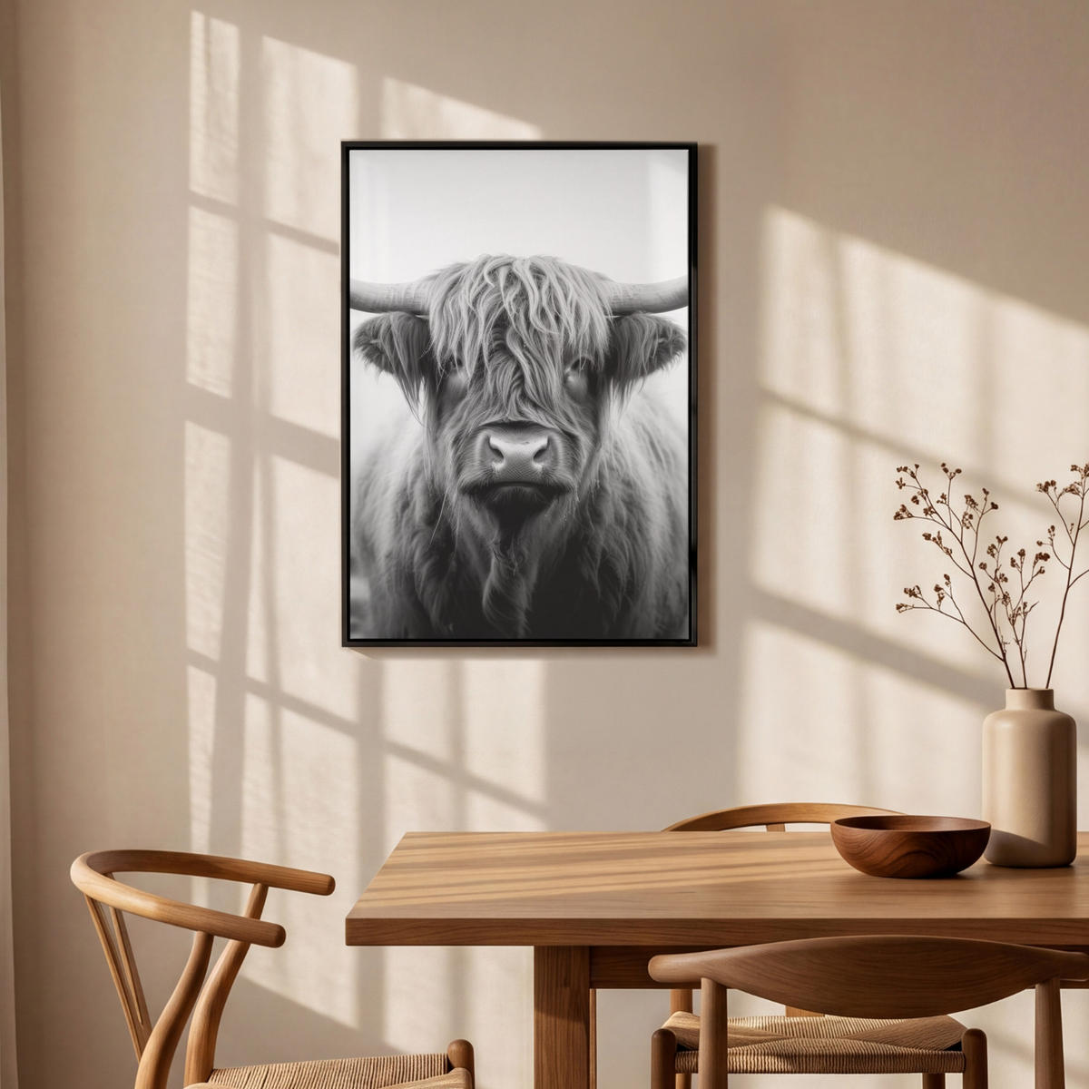 LEINWAND Bilder mit Rahmen - Schottischer Highlander - Nebel - Schwarz - Weiß - 60x90 - Grau, Textil (60/90cm) - MuchoWow