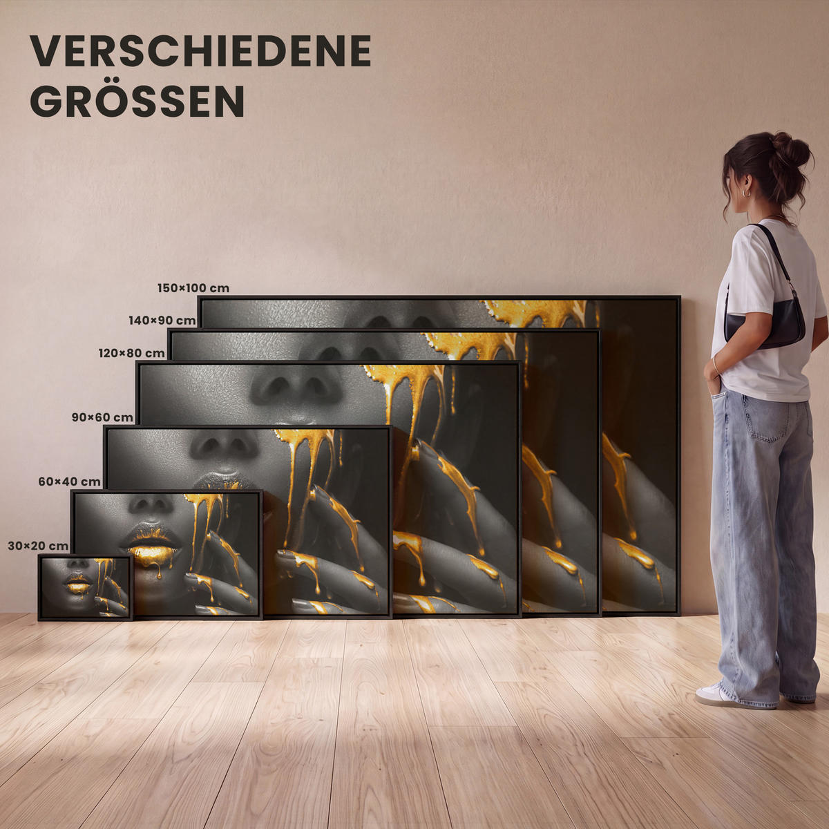 LEINWAND Bilder mit Rahmen - Frau - Schwarz - Gold - Gesicht - Lippen - 150x100 - Goldfarben, Textil (150/100cm) - MuchoWow