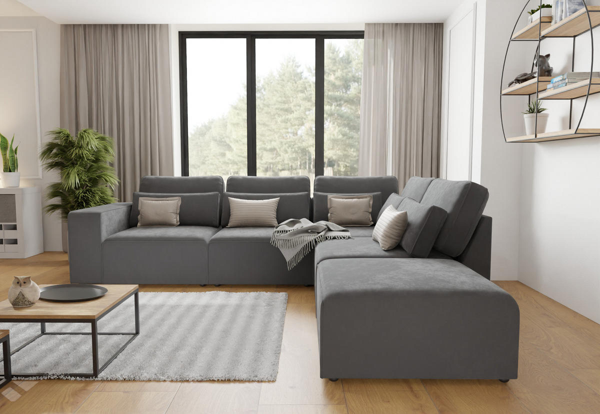 ECKSOFA modularer Leox Grau Samt-Stoff - Schwarz/Grau, Kunststoff/Textil (305/281cm) - S-Style Möbel
