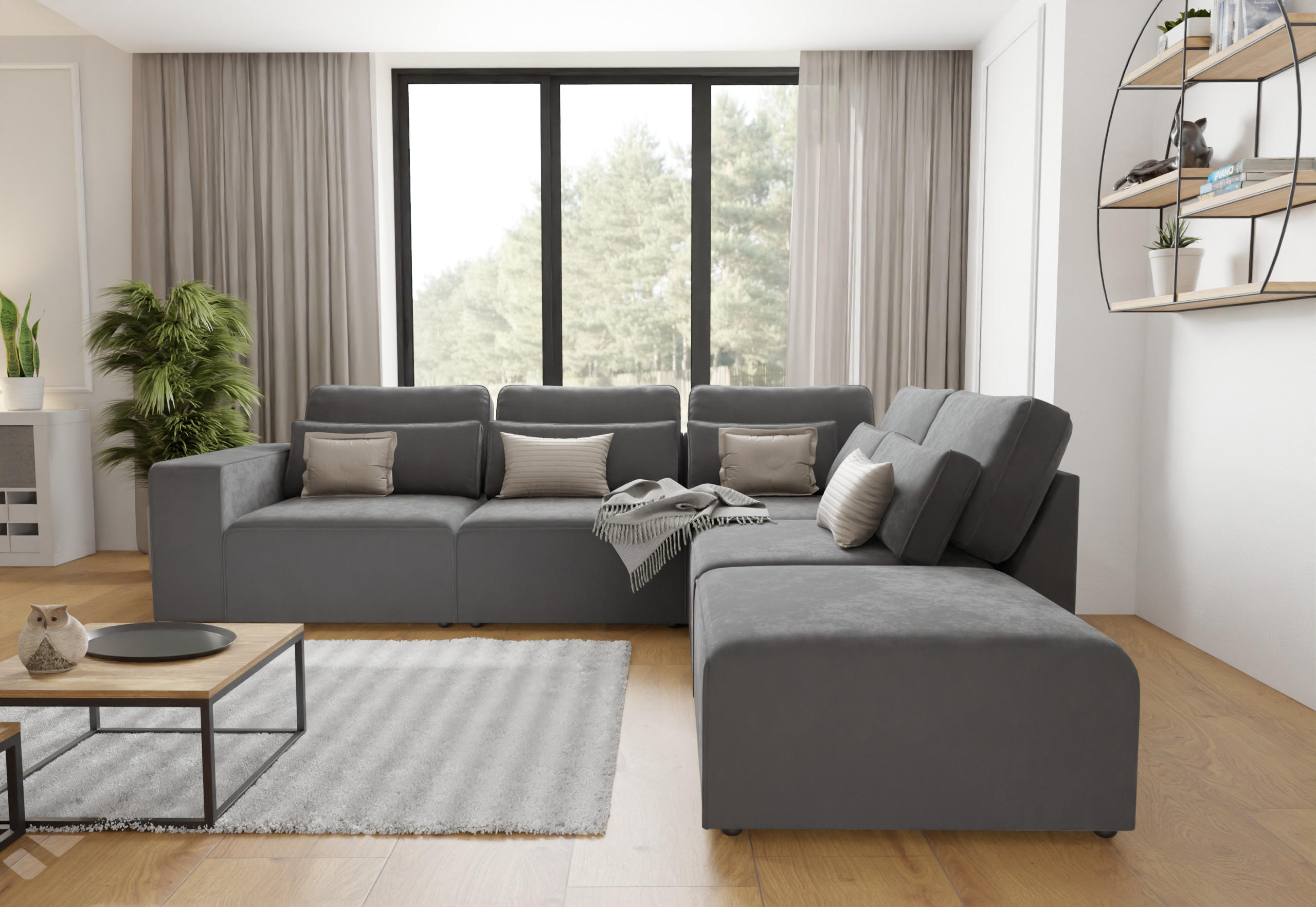 Thumbnail - S-Style Möbel Ecksofa, Grau, Textil, Echtholz,Birke, Füllung: Silikon,Silikon,Komfortschaum, L-Form, Ottomane rechts, Ec...