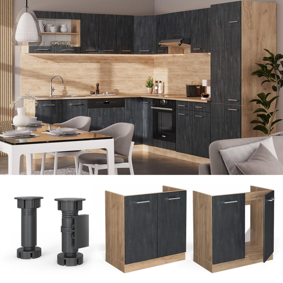 SPÜLENUNTERSCHRANK KÜCHENSCHRANK R-Line Schwarz Beton 80 cm AP Eiche - Eiche Wotan/Schwarz, Holzwerkstoff (80/81.6/60cm) - Vicco