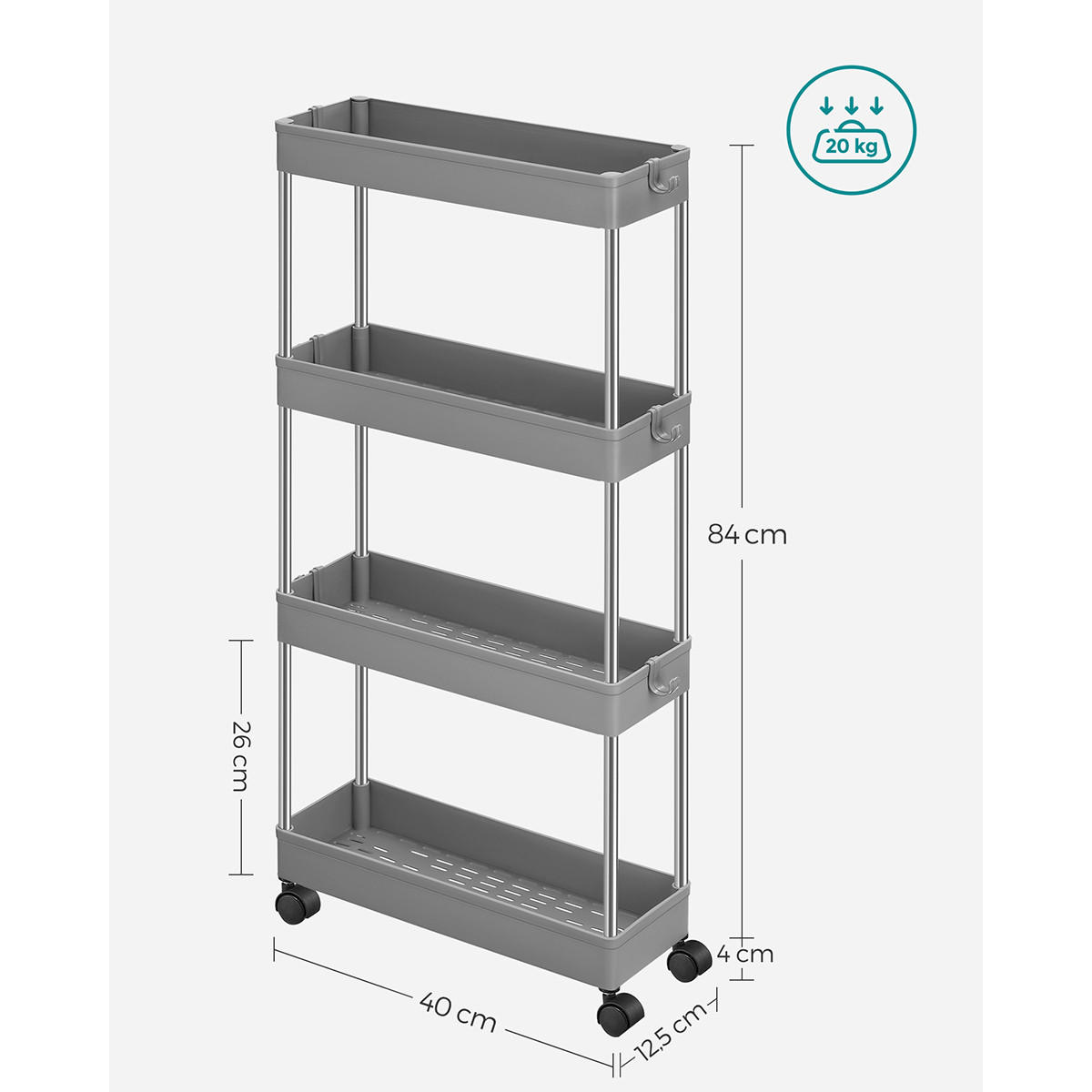 ROLLWAGEN mit 4 Etagen - H88 cm - Grau, Kunststoff (12.5/88/25cm) - Calicosy