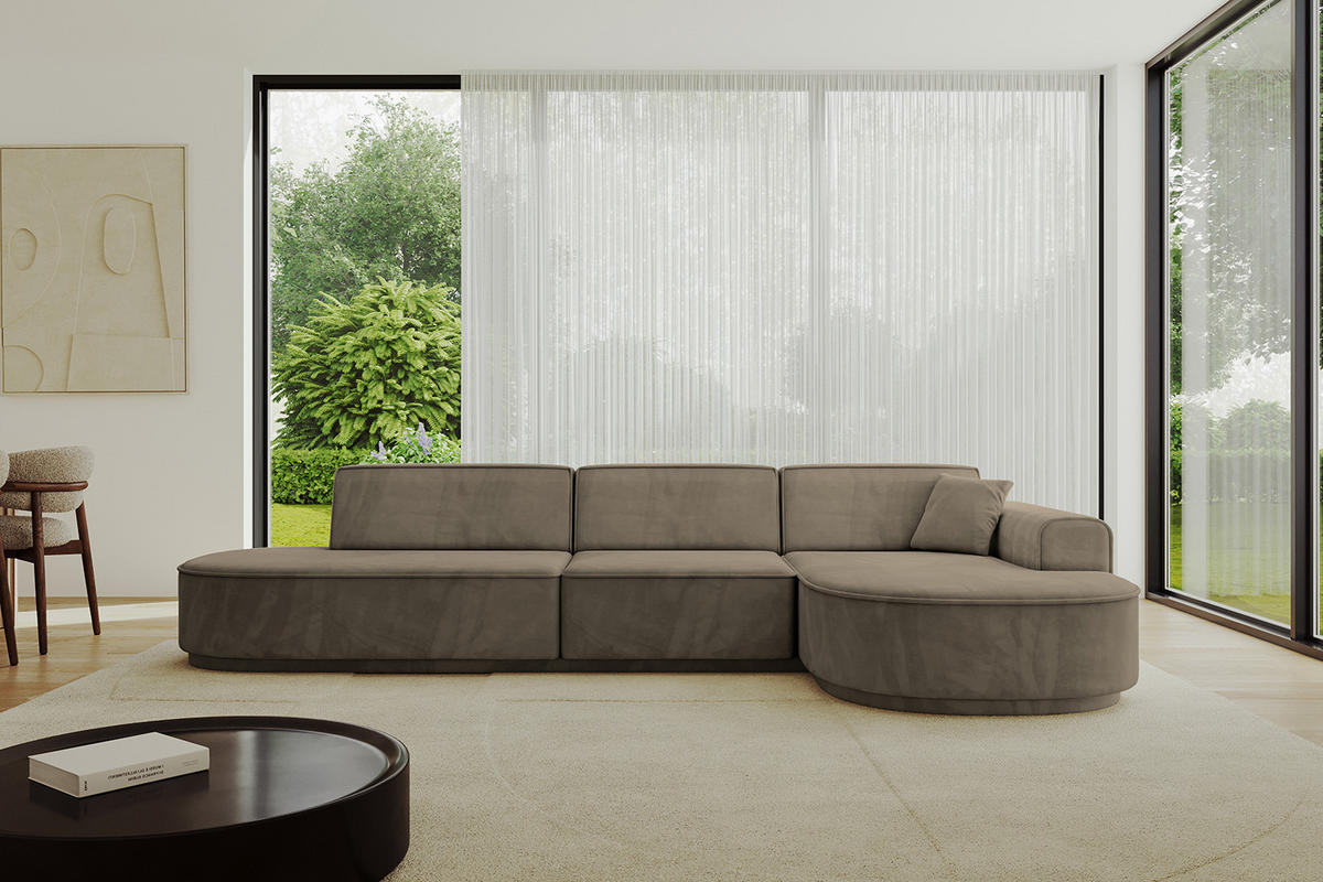 ECKSOFA Ottomane Rechts MARI-L2-v3 - 328x171x83 cm Dunkelbraun Velours - Dunkelbraun/Schwarz, Holzwerkstoff/Kunststoff (171/328cm) - ALTDECOR