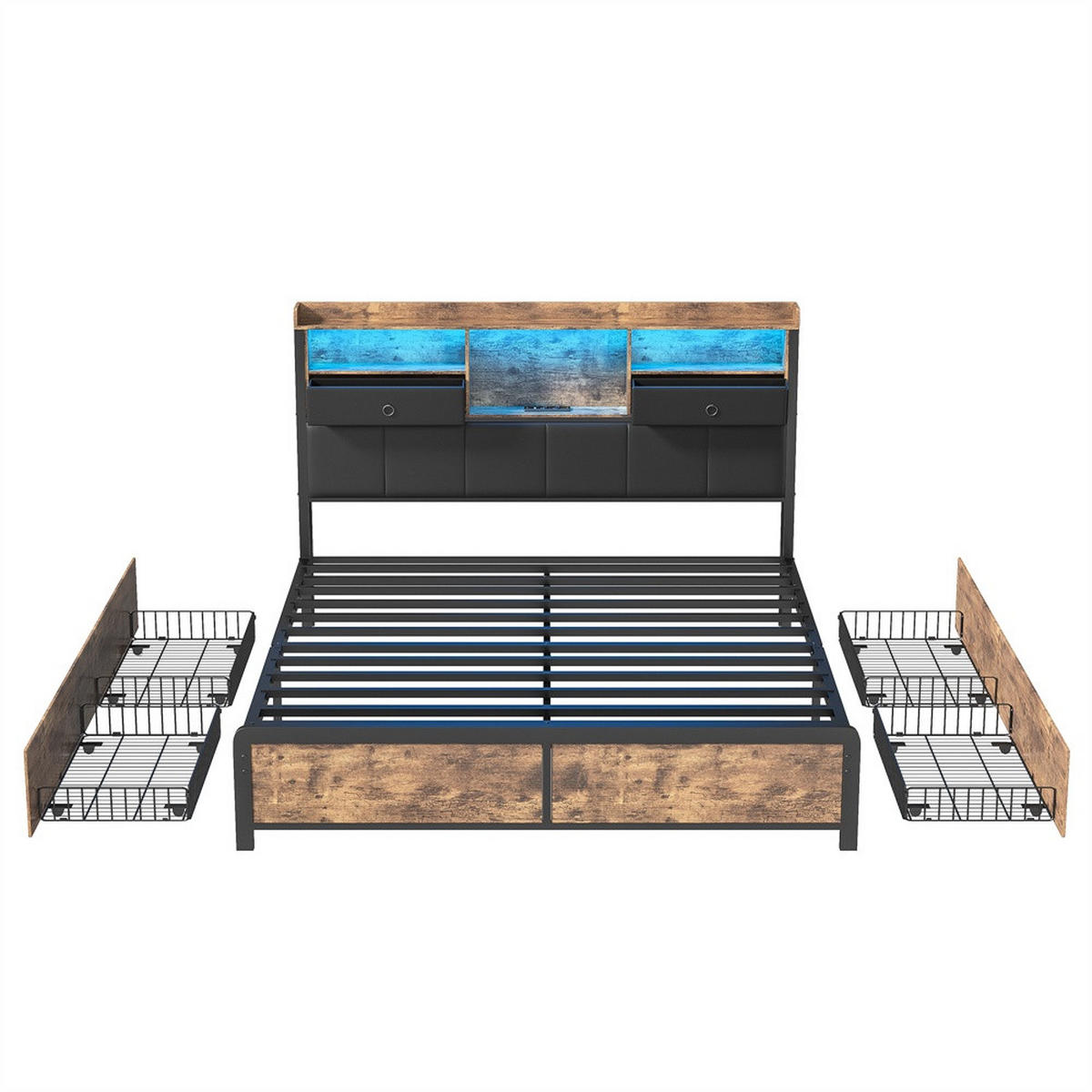 METALLBETT 140 x 200 cm mit 6 Schubladen - Kopfteil-Ablage mit LED-Beleuchtung und Steckdosen & USB-Anschlüsse - Braun, Metall (140/200cm) - DELFA