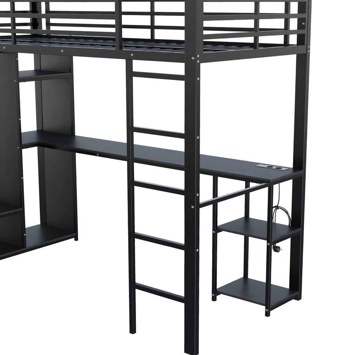 HOCHBETT 90x200 cm in Schwarz mit Schreibtisch, LED-Beleuchtung und offenem Kleiderschrank - Schwarz, Holzwerkstoff (90/200cm) - IVMEU