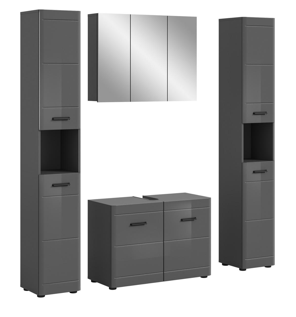 BADMÖBEL-SET grau Hochglanz 4-teilig, Komplettset mit Soft-Close - Grau, Glas/Holzwerkstoff (170/190/34cm) - Inn.Furn