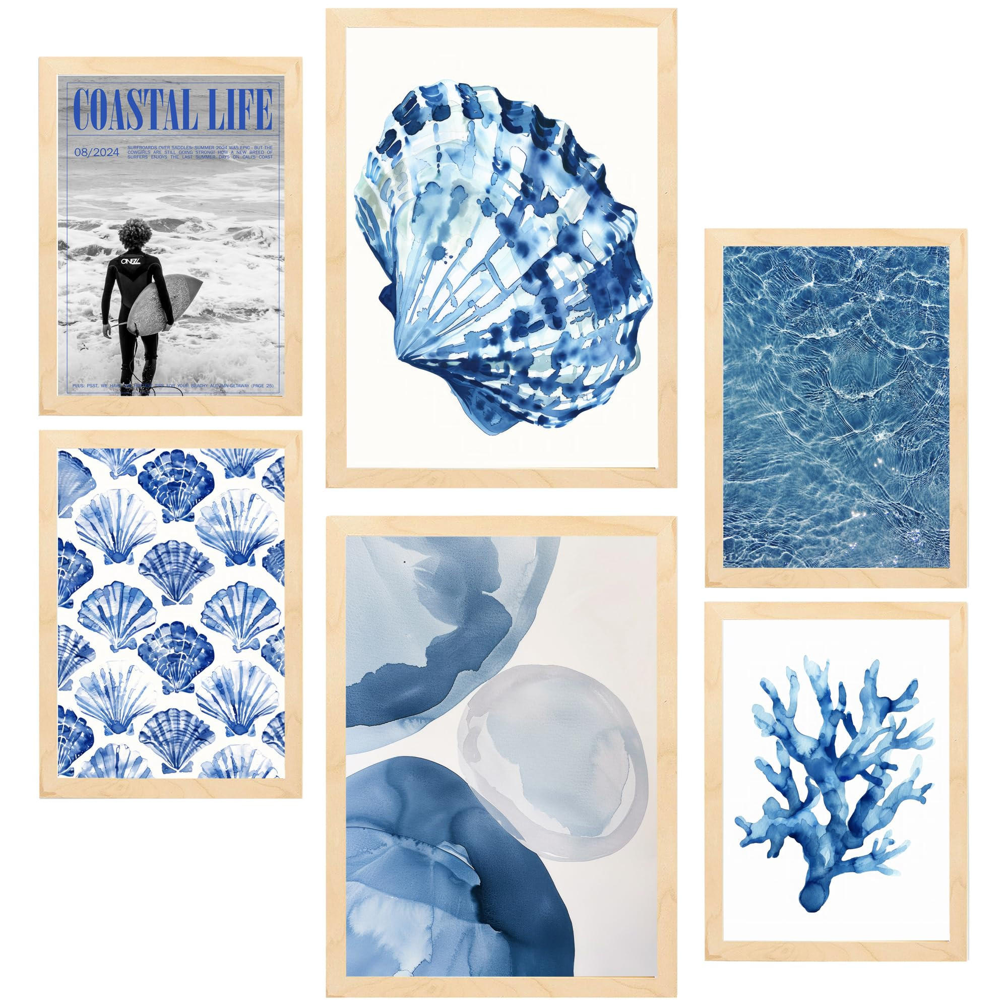POSTER Set Mit 6 Marineblau Meer Und Sommer A3 & A4 Rahmen Aus Hellem Holz - Beige, Papier (29/3cm) - Nacnic