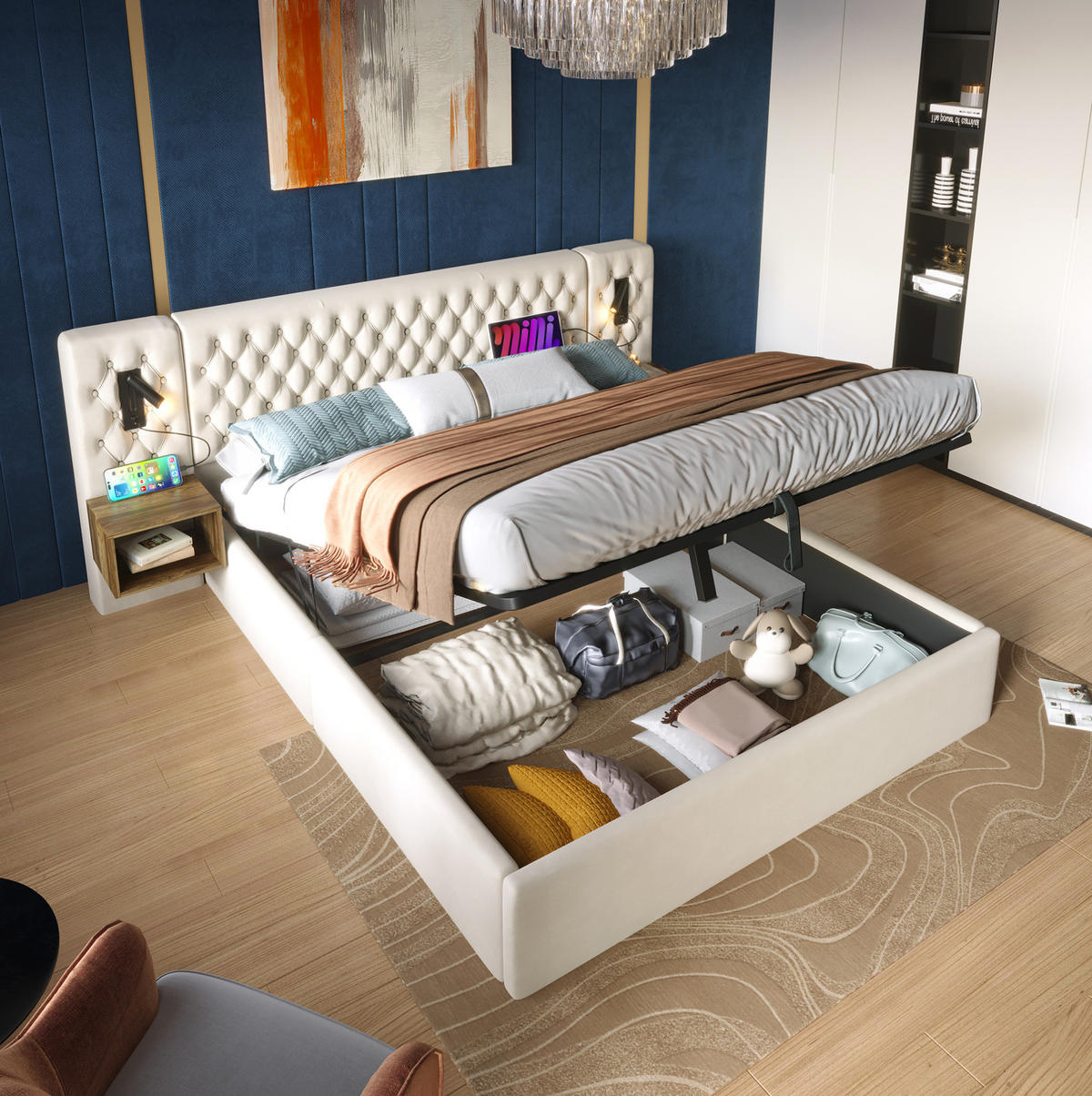 POLSTERBETT 180/200 cm Beige aus Samt mit Stauraum - Beige, Textil (180/200cm) - OKMYHOME