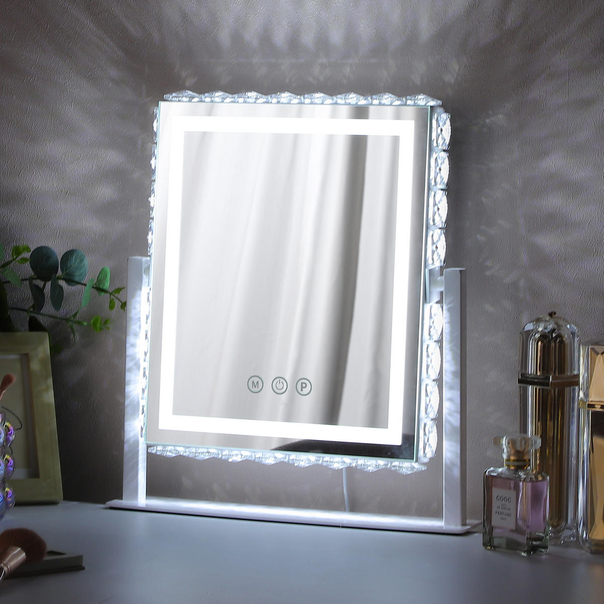 SCHMINKSPIEGEL mit LED Lichtleiste, rundum mit Strasssteinen besetzt, weiß, 25/30 cm - Weiß, Metall (25/30/3cm) - VANITII