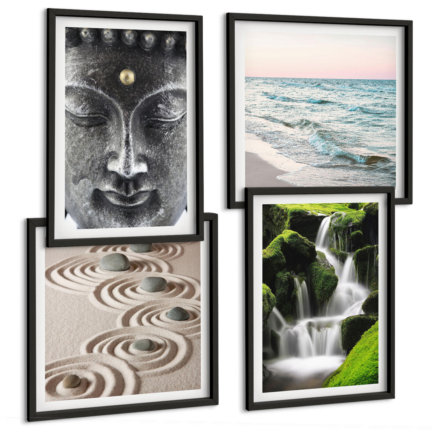 BILDER SET 4er Set - 50x50 cm & 40x60 cm Schwarzer Rahmen - Der Frieden der Natur mit Buddha - Schwarz, Kunststoff (50/50cm) - TULUP