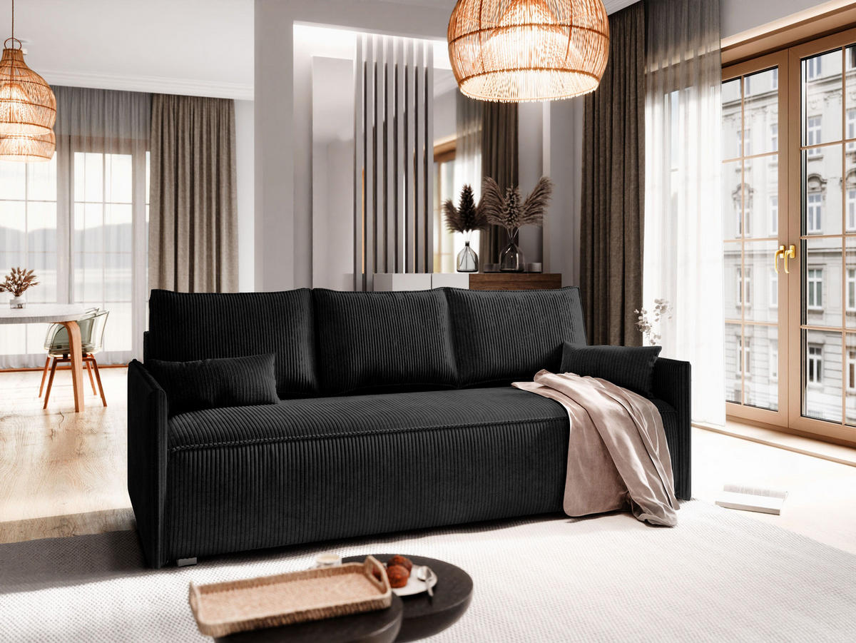 BETTSOFA MESTOR Schwarz Kordstoff mit Schlaffunktion - Schwarz, Textil (206/83/87cm) - MASSENO