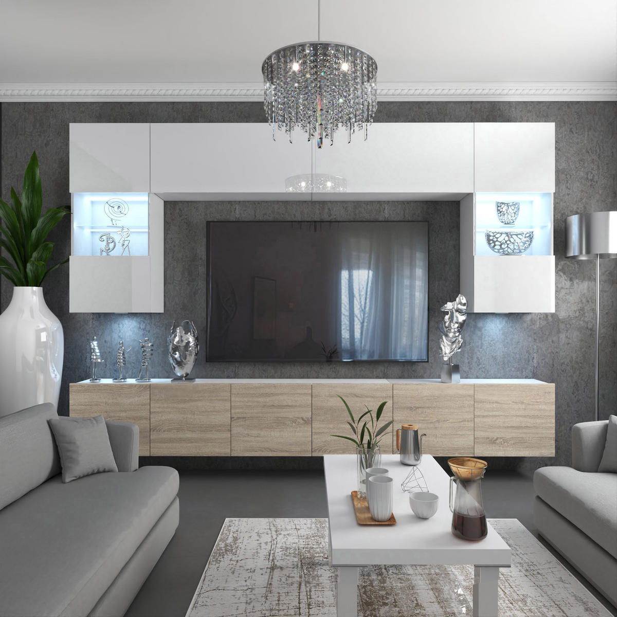 WOHNWAND Milano 1, Weiß/Sonoma Eiche Hochglanz, 300 cm, Grifflos - Weiß, Holz (300/155/36cm) - B BELINI GROUP