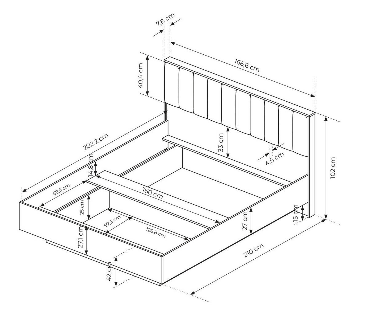 BETT mit Metallrahmen 160x200 Resta, Bettkasten, Eiche Dunin - Eichefarben, Holz/Metall (160/200cm) - Emporius